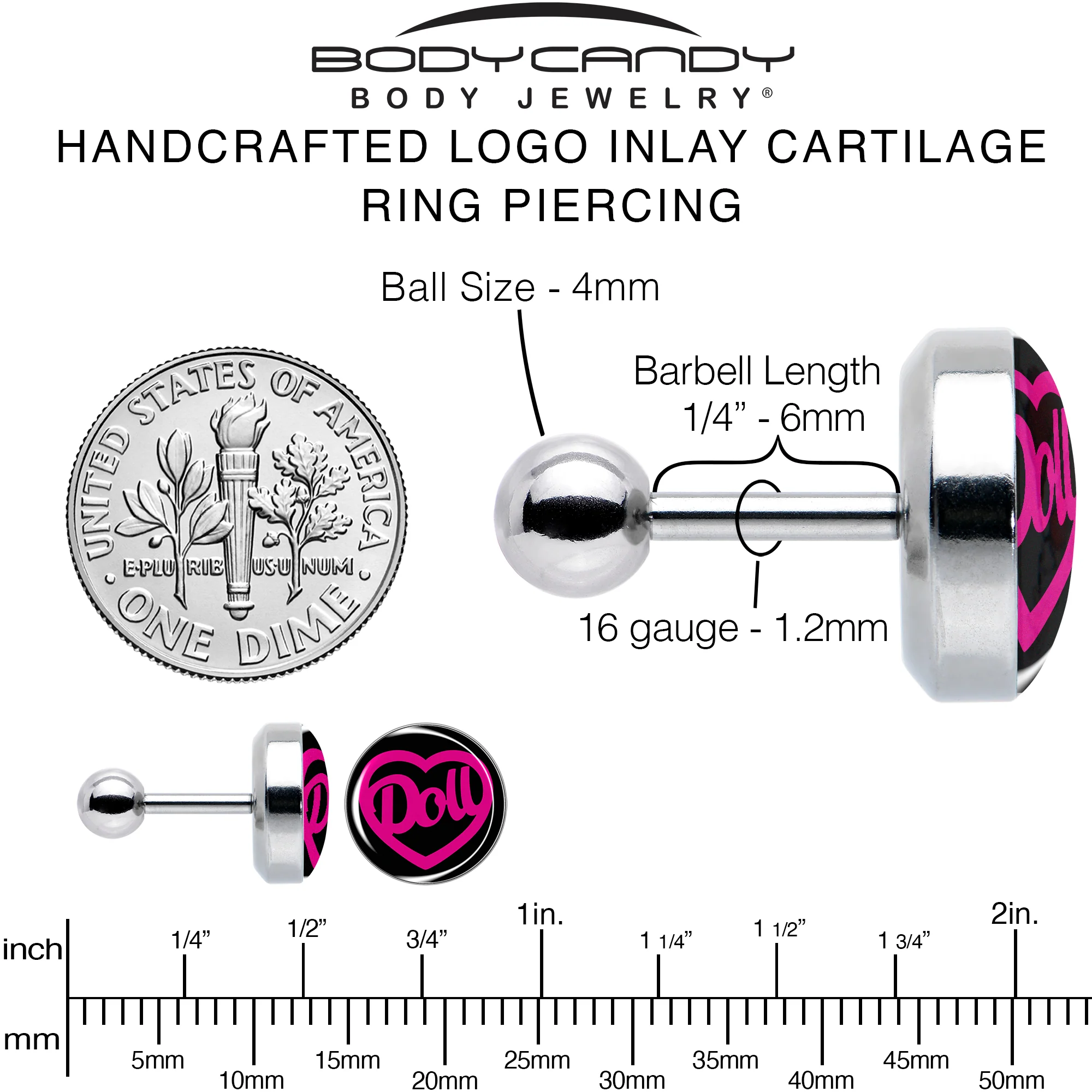 16G 1/4 Hollow Heart Doll Word Tragus Cartilage Earring by Onyx O - Image 6