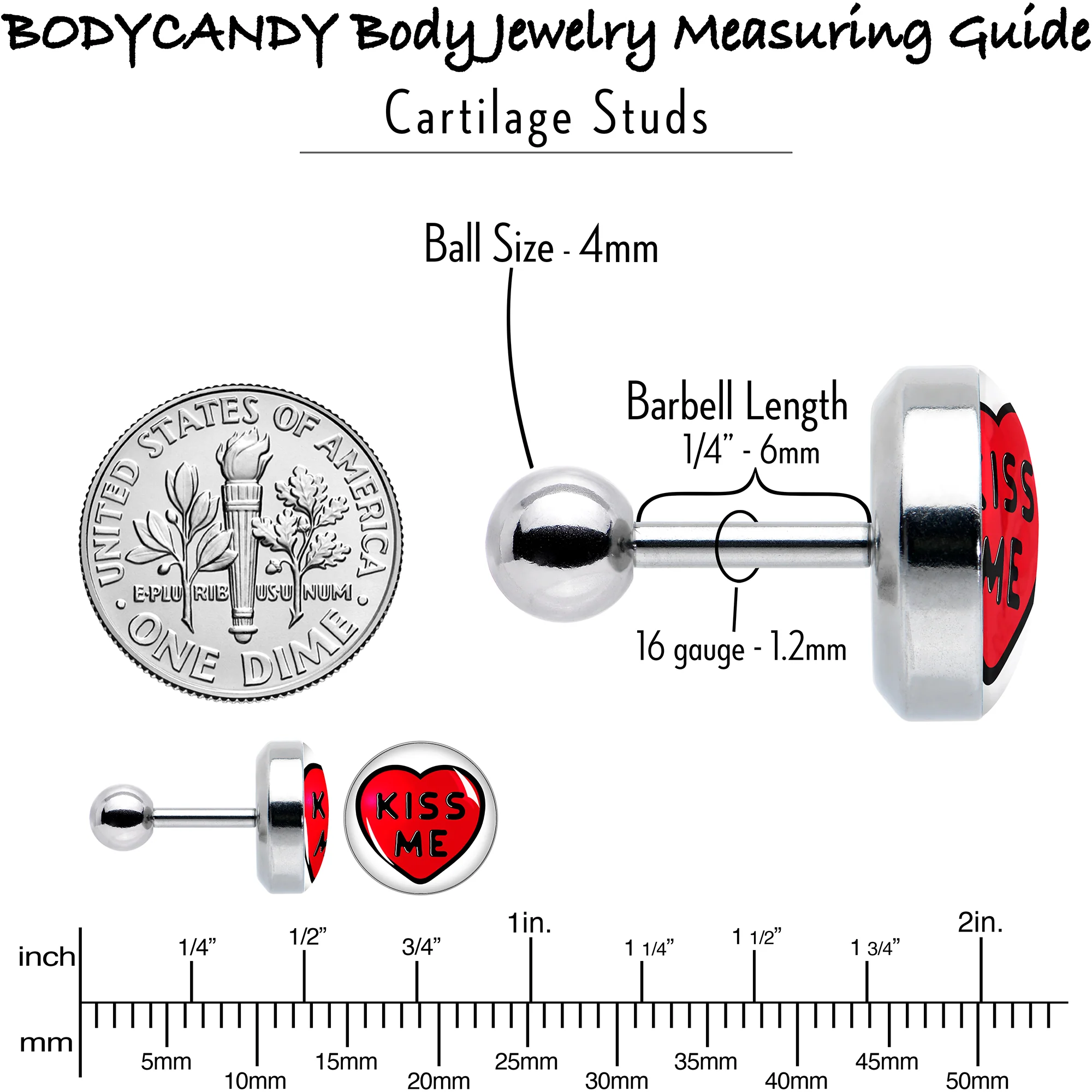 16G 1/4 Kiss Me Candy Heart Cartilage Tragus Earring by Onyx O - Image 8