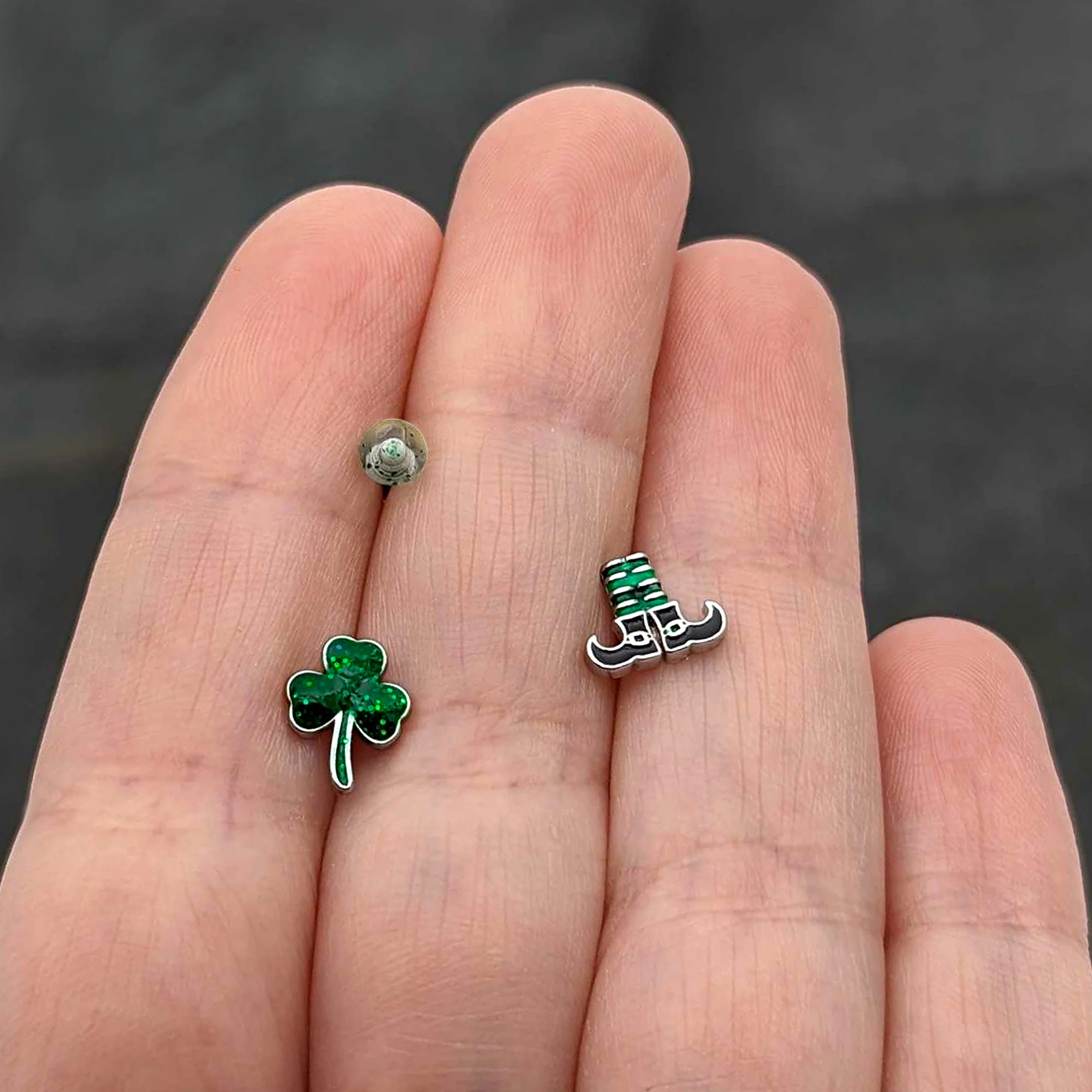 16G 1/4 Leprechaun Legs Shamrock UV Glow Labret Set of 3 - Image 8