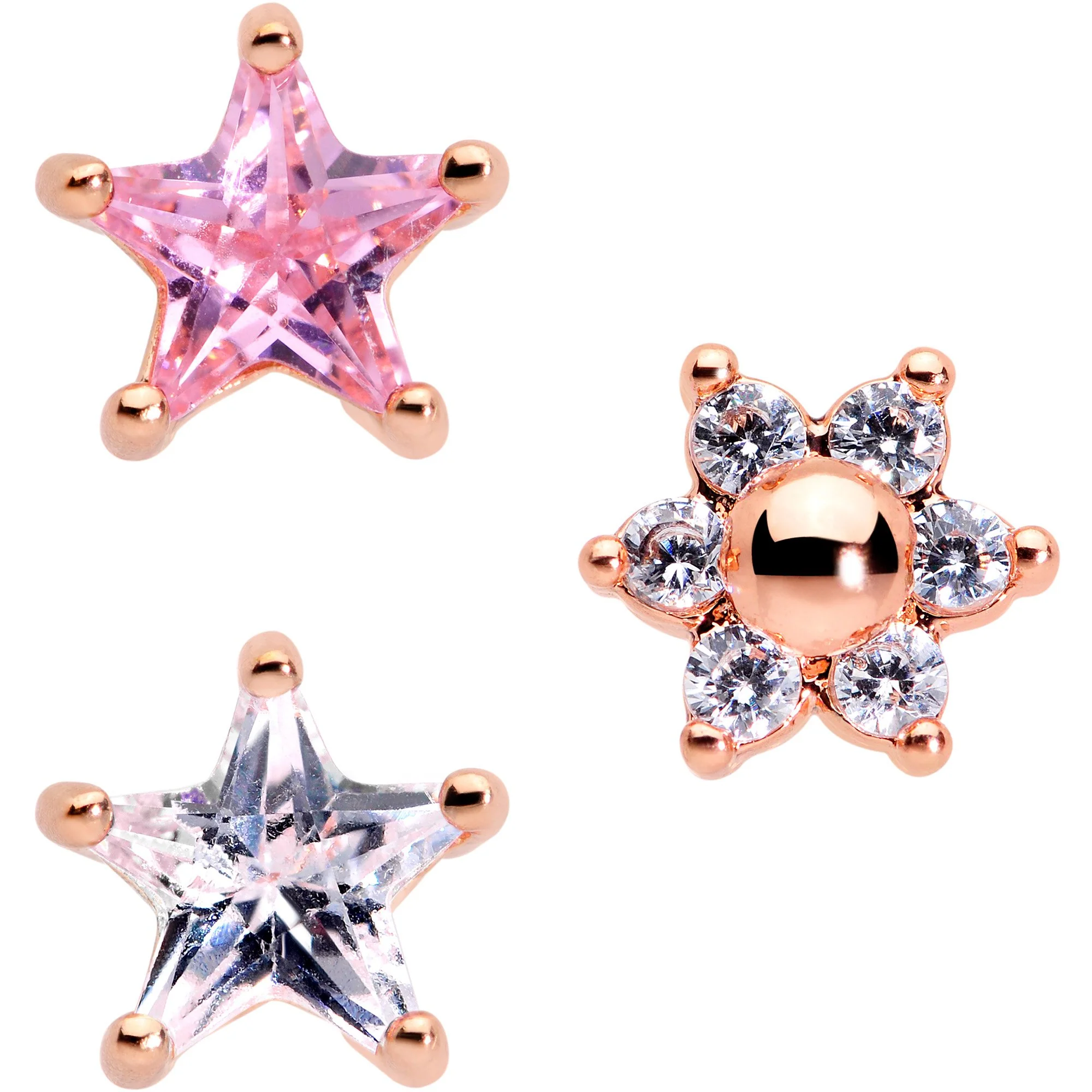 16G 1/4 Pink Clear CZ Gem Rose Gold Tone Star Tragus Set of 3 - Image 2