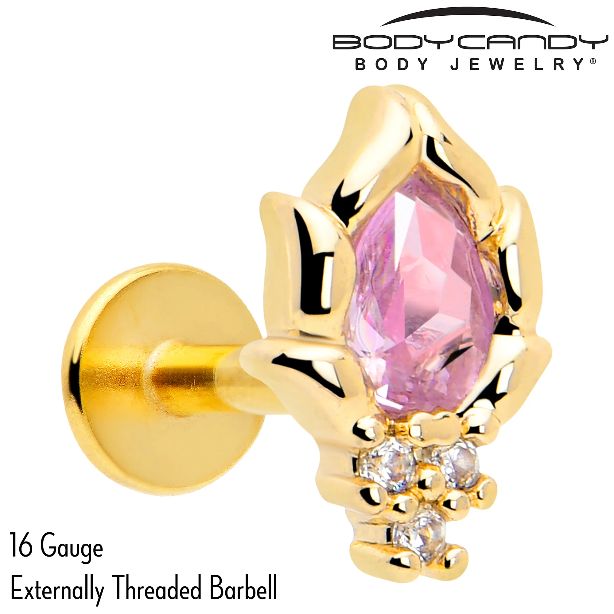 16G 1/4 Pink CZ Gem Gold Tone Style Fire Labret Monroe Tragus - Image 2