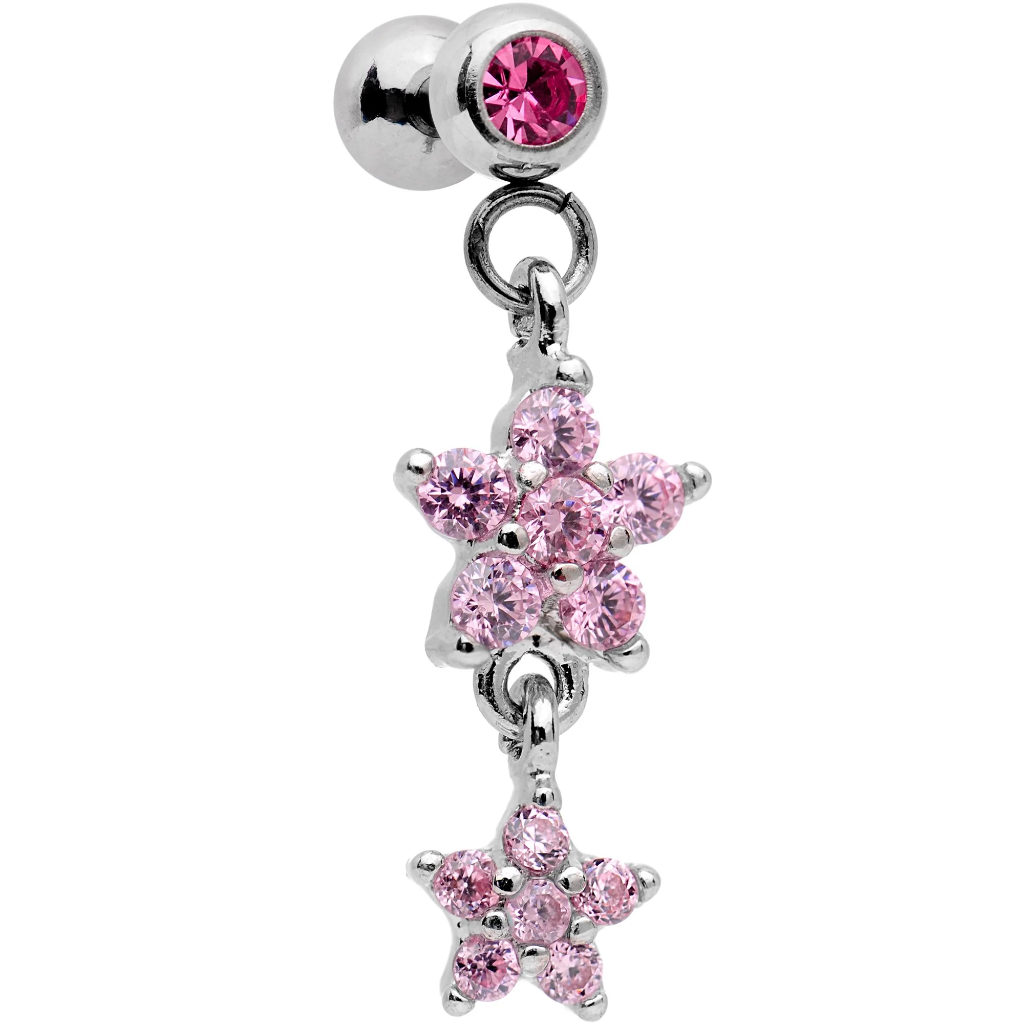 16G 1/4 Pink Gem Double Star Dangle Cartilage Tragus Earring - Image 2