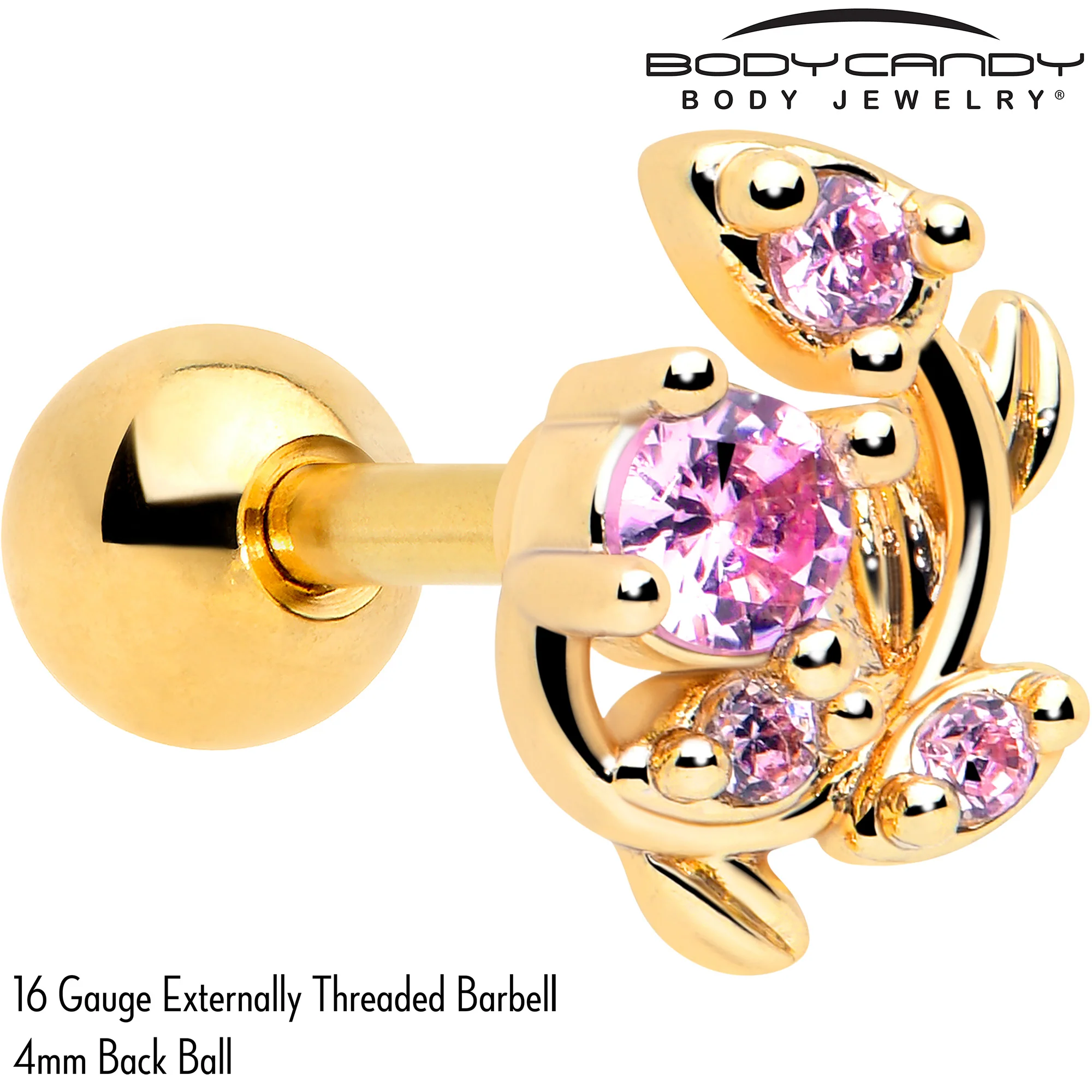 16G 1/4 Pink Gem Gold Tone Twining Vine Cartilage Tragus Earring - Image 2