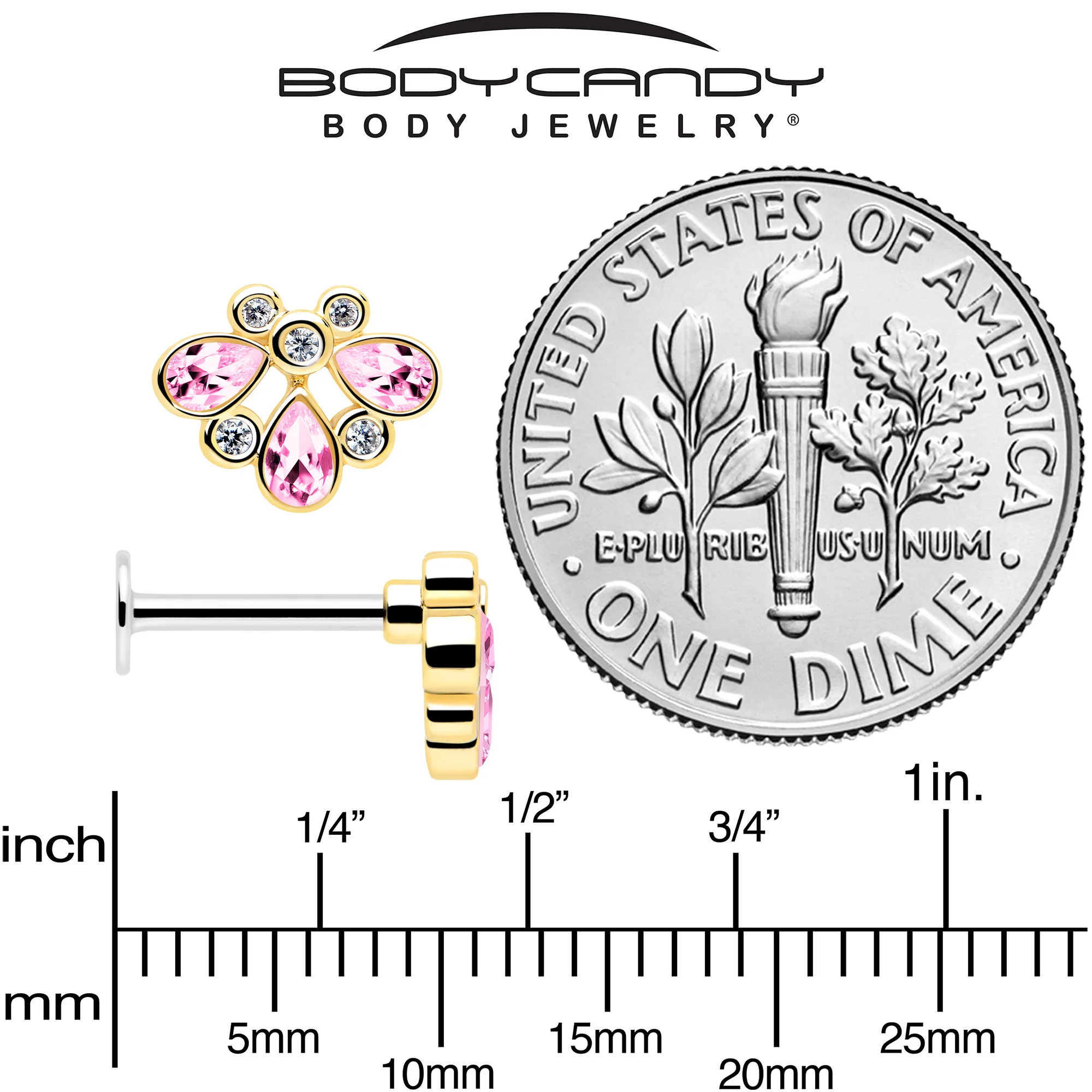 16G 1/4 Pink Gem Golden Crown Deluxe Labret - Image 5