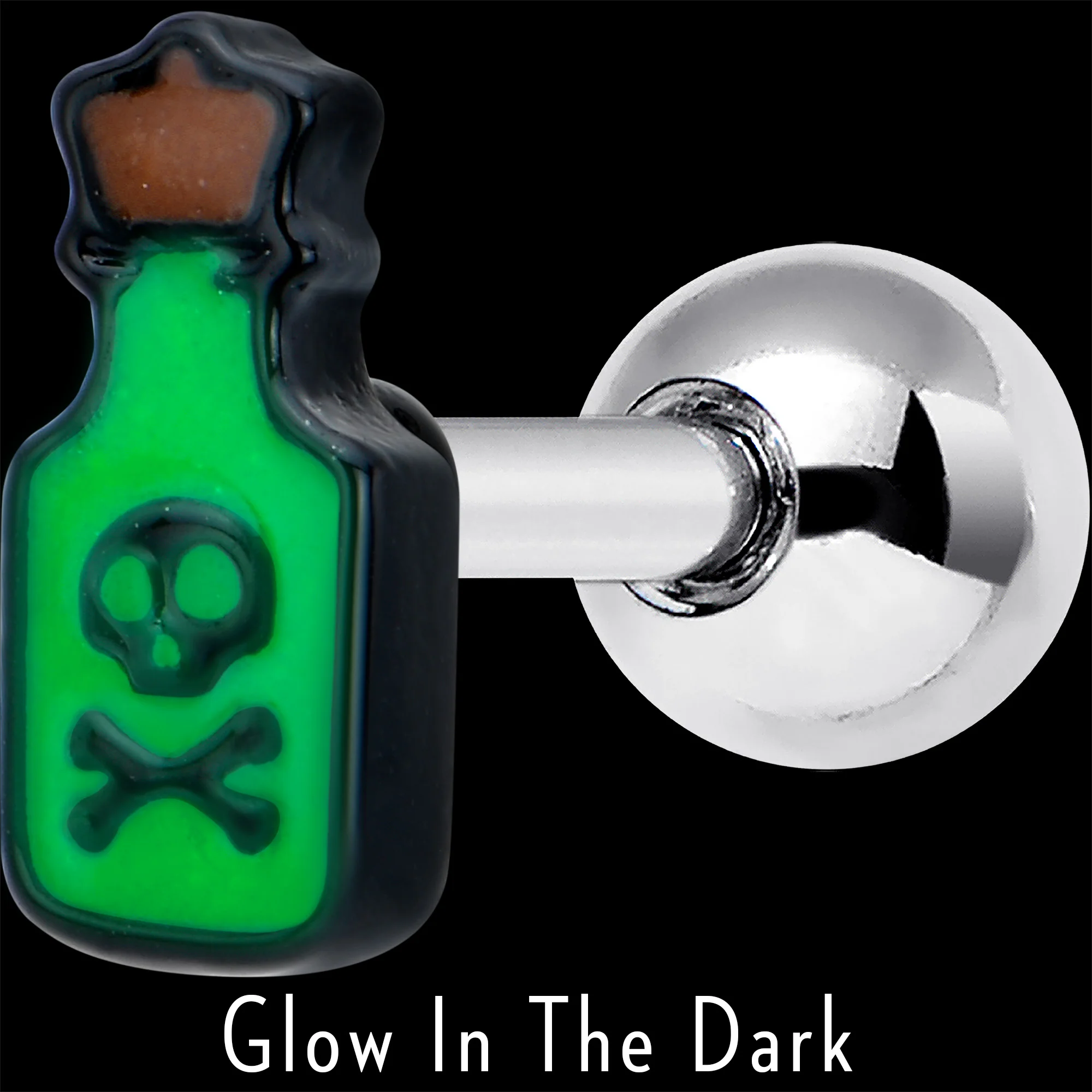 16G 1/4 Poison Green Bottle Glow in the Dark Cartilage Earring - Image 4