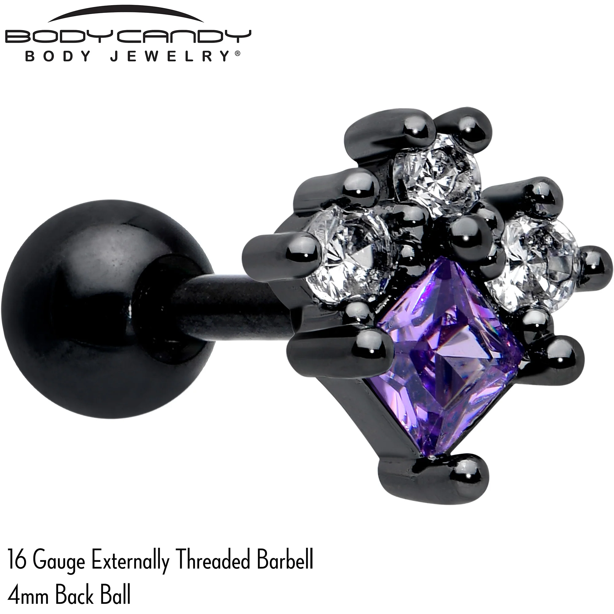 16G 1/4 Purple CZ Gem Black Rhombus Riot Cartilage Tragus Earring - Image 2
