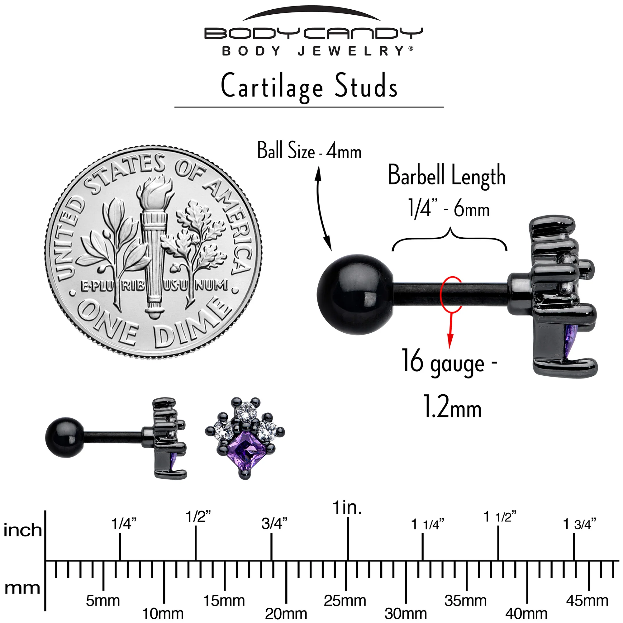 16G 1/4 Purple CZ Gem Black Rhombus Riot Cartilage Tragus Earring - Image 5