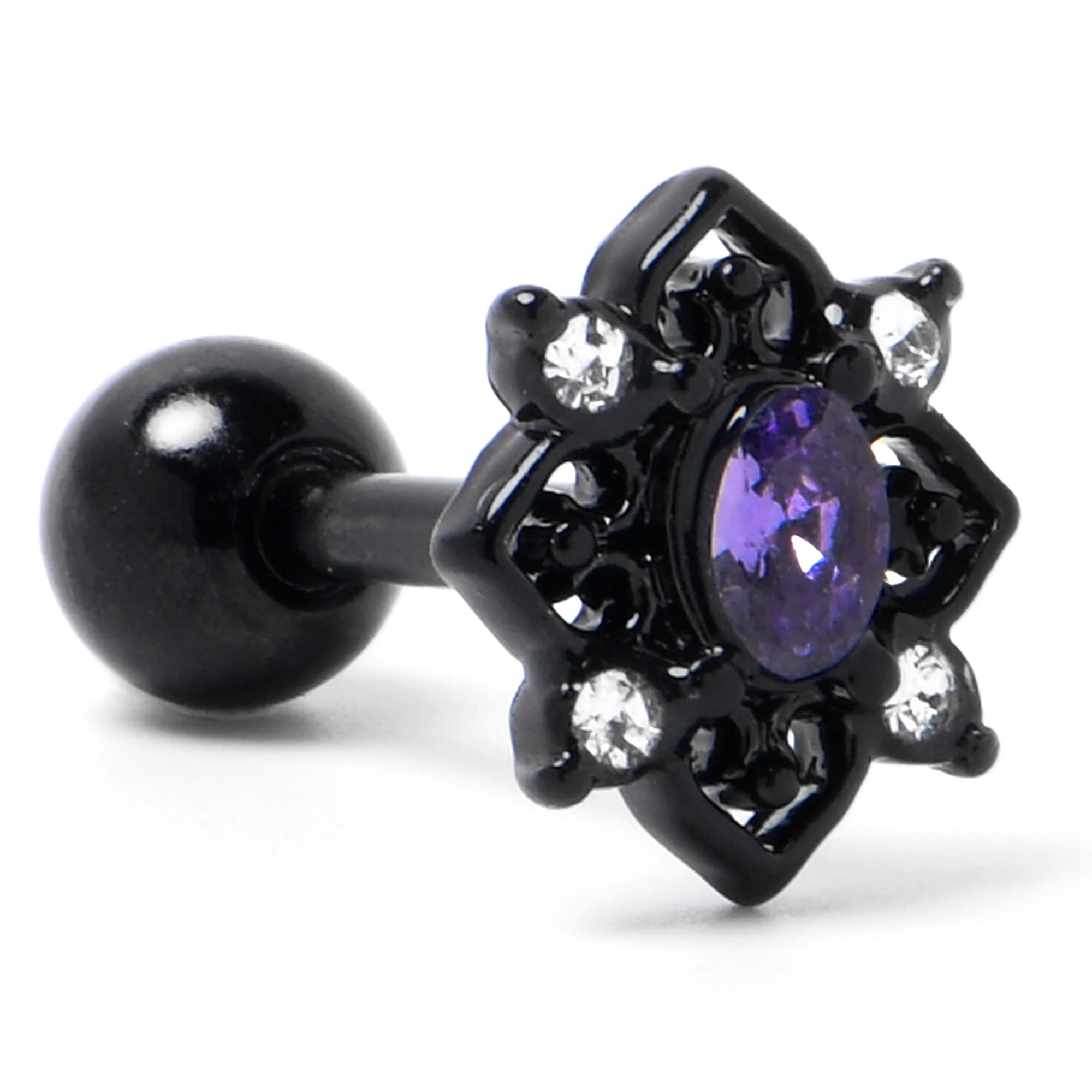 16G 1/4 Purple Gem Black Scrolling Hearts Cartilage Tragus Earring - Image 5