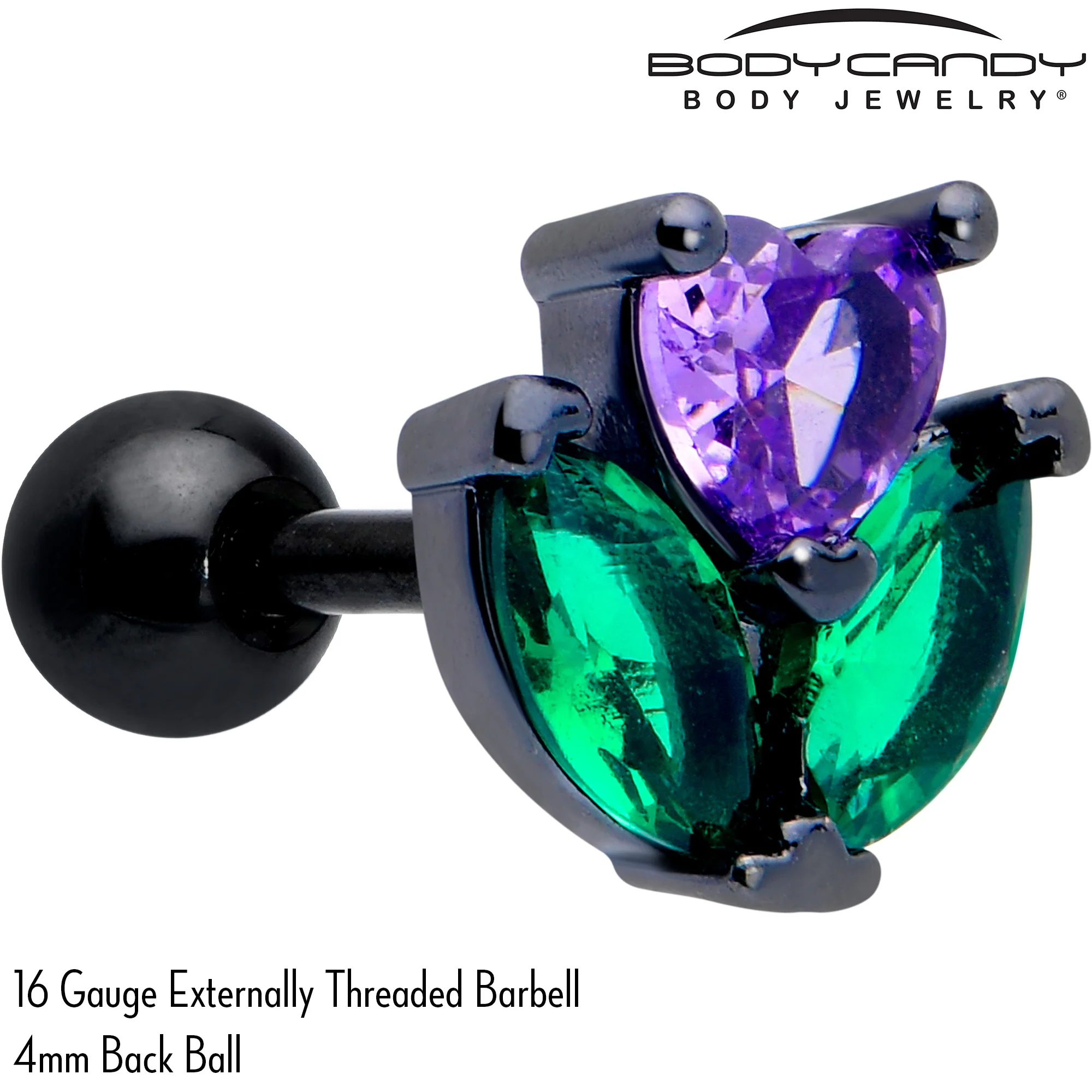 16G 1/4 Purple Green CZ Gem Black Love Flower Cartilage Earring - Image 2