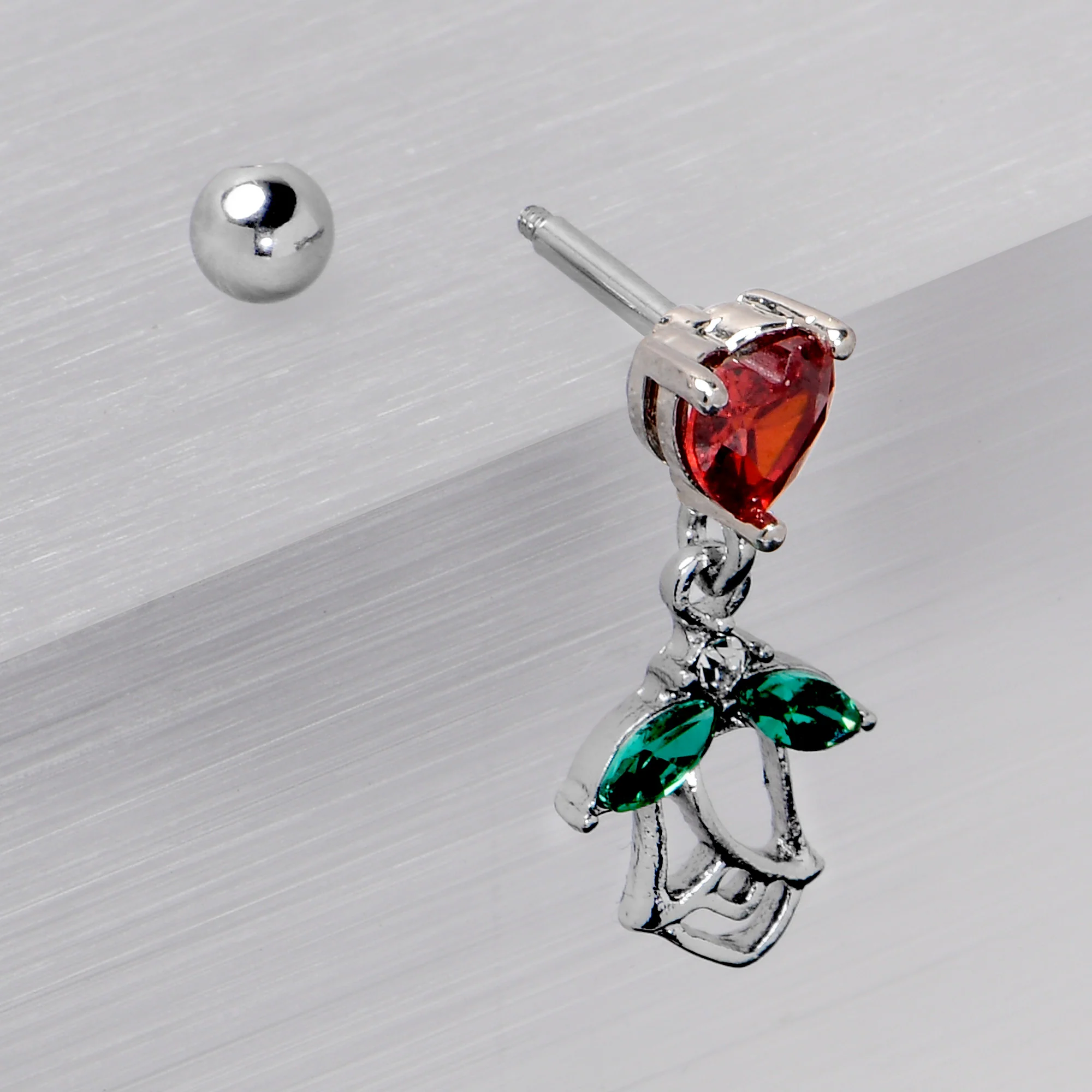 16G 1/4 Red CZ Gem Heart And Rose Dangle Cartilage Earring - Image 7