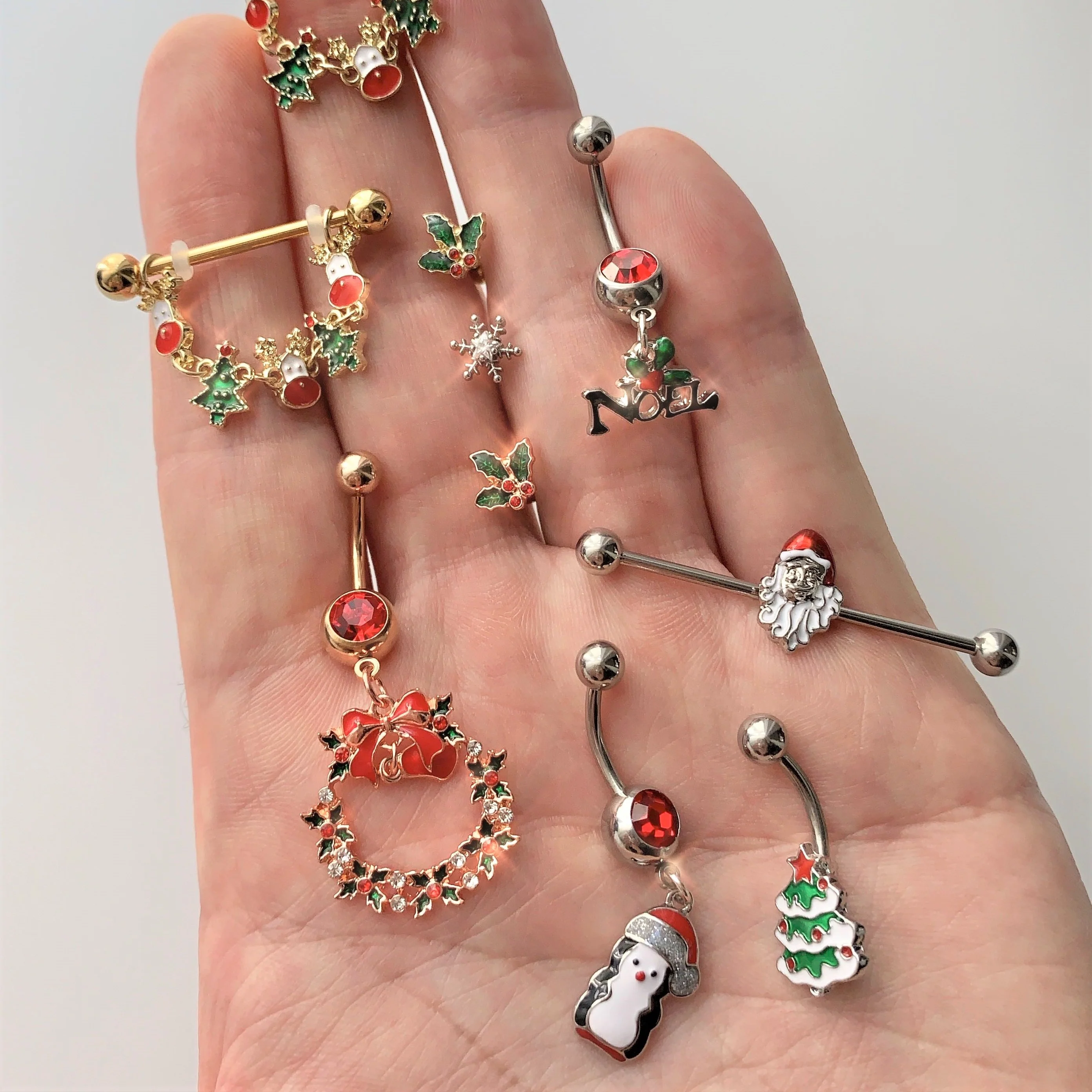 16G 1/4 Red Gem Rose Tone Mistletoe Christmas Cartilage Tragus - Image 3