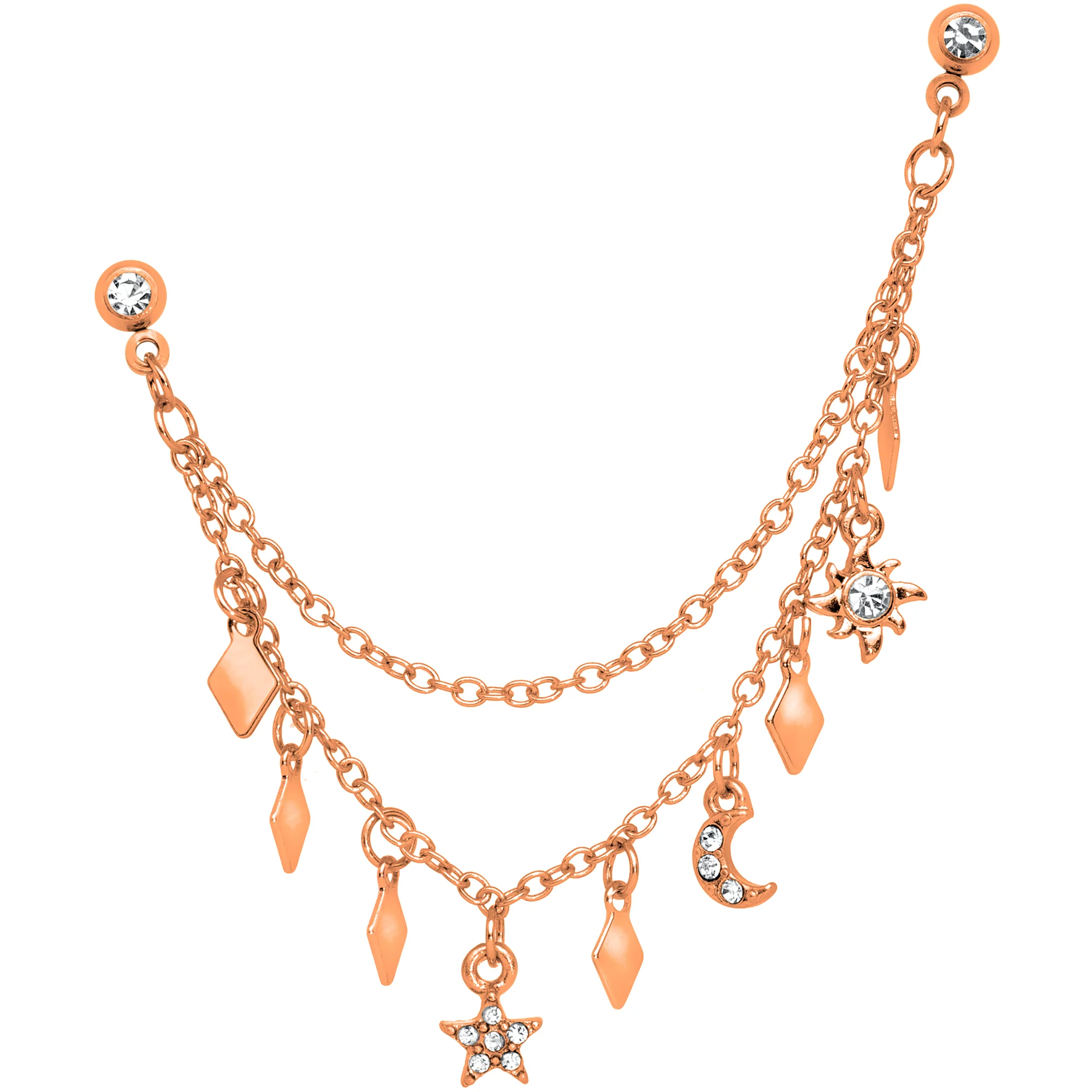 16G 1/4 Rose Gold Tone Moon Sun Dangle Cartilage Chain Earring - Image 2