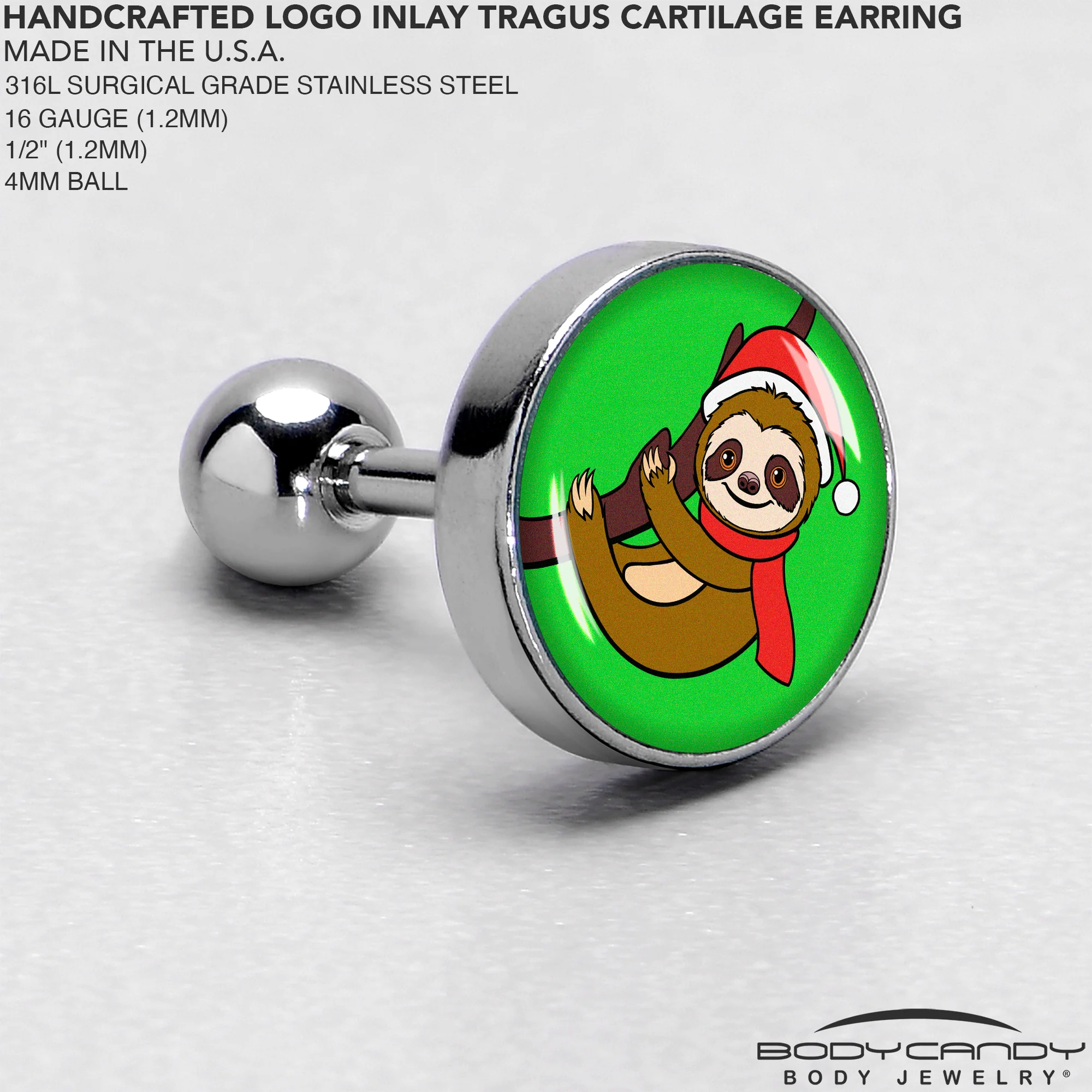 16G 1/4 Santa Sloth Tragus Cartilage Earring by Onyx O - Image 4