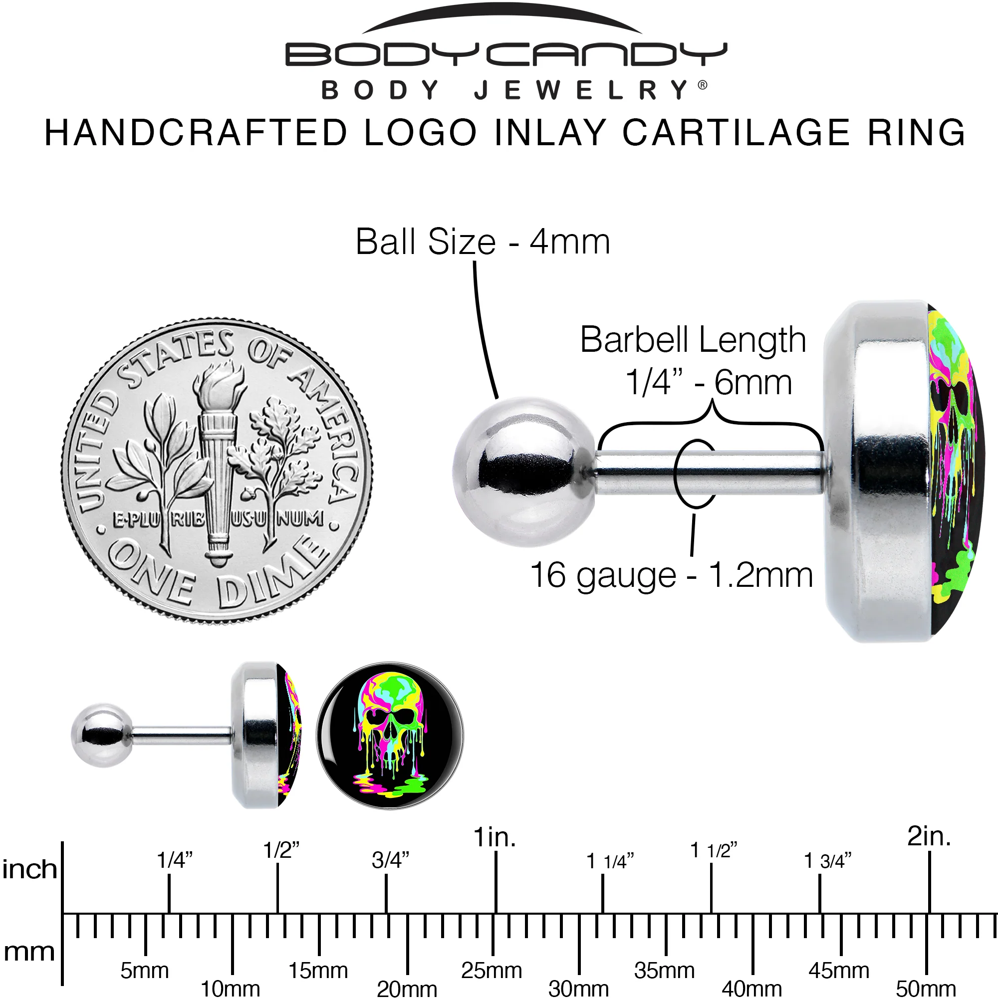 16G 1/4 Ultra Bright Melting Skull Tragus Cartilage Earring by Onyx O - Image 6
