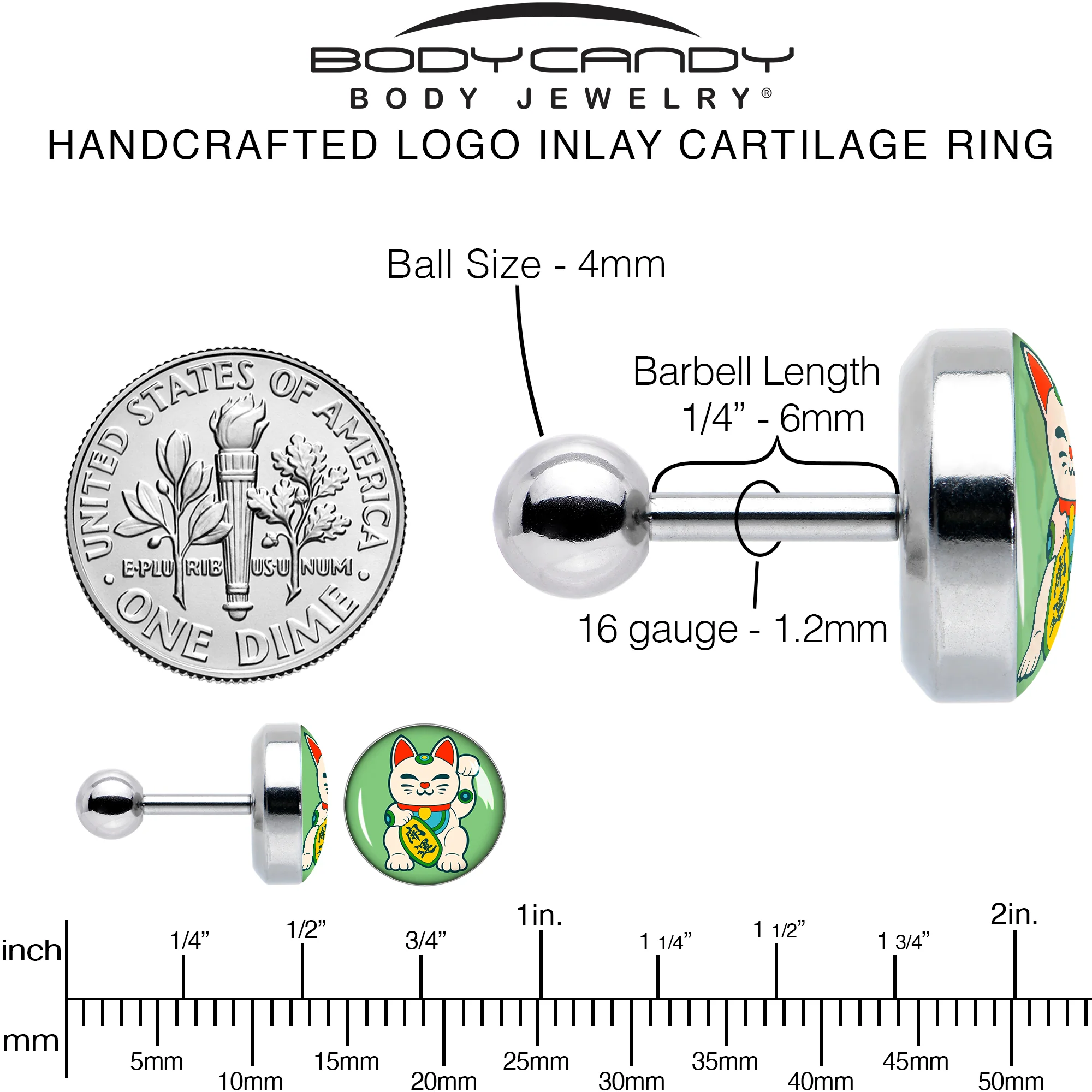 16G 1/4 Waving Cat Cartilage Tragus Earring by Onyx O - Image 6