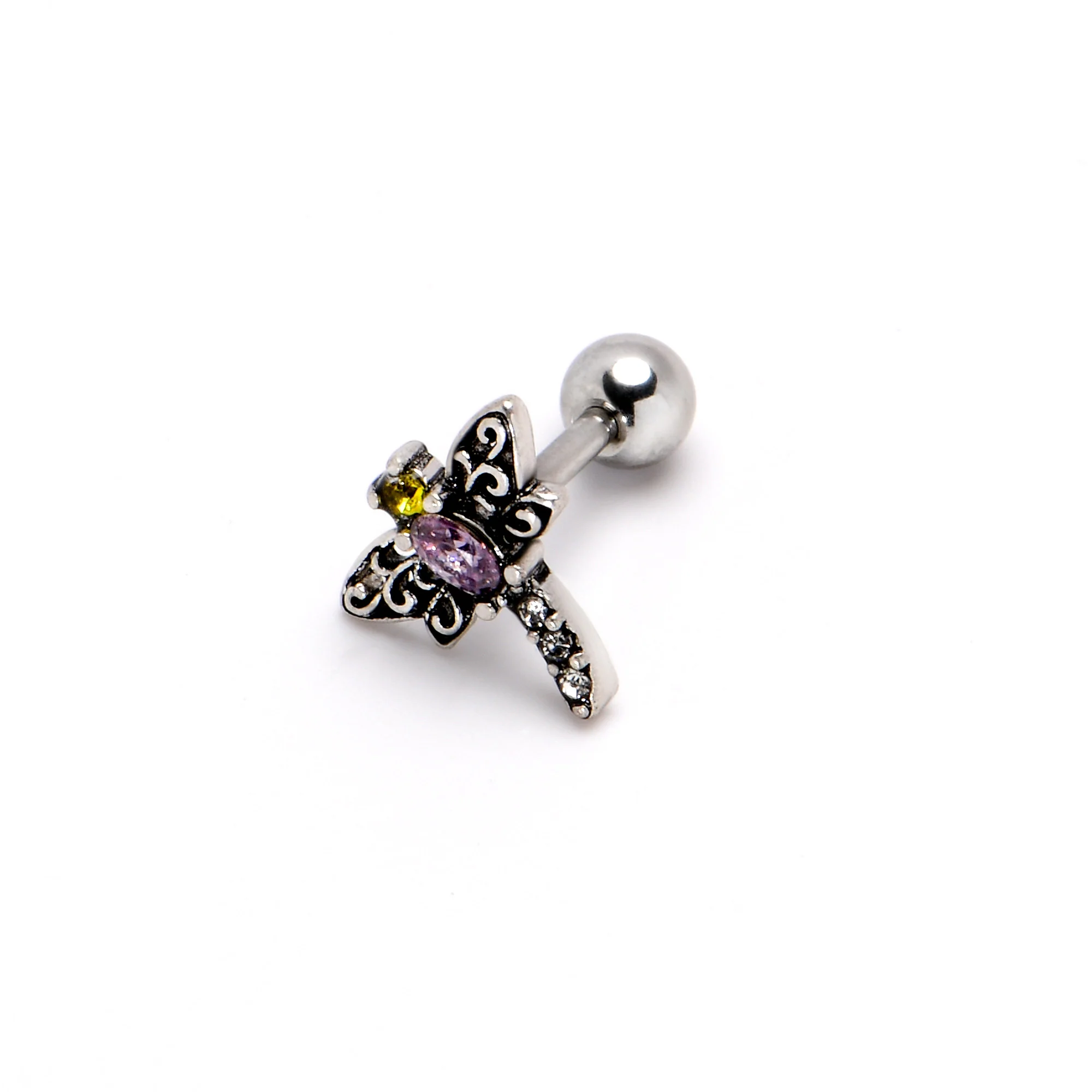 16G 1/4 Yellow Purple Gem Dragonfly Cartilage Tragus Earring - Image 6