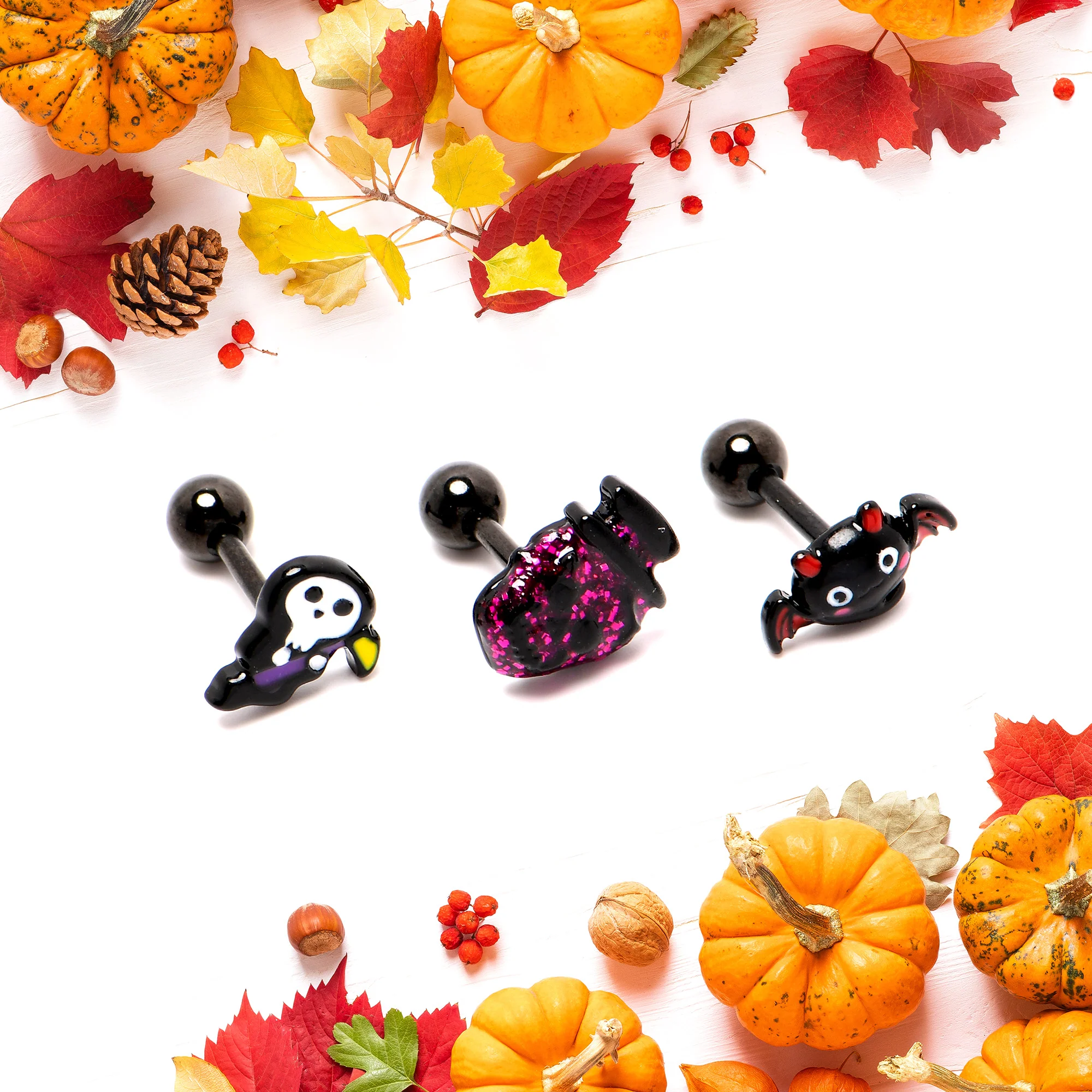 16G 1/4 Black Halloween Skull Bat Reaper Cartilage Earring Set of 3 - Image 6