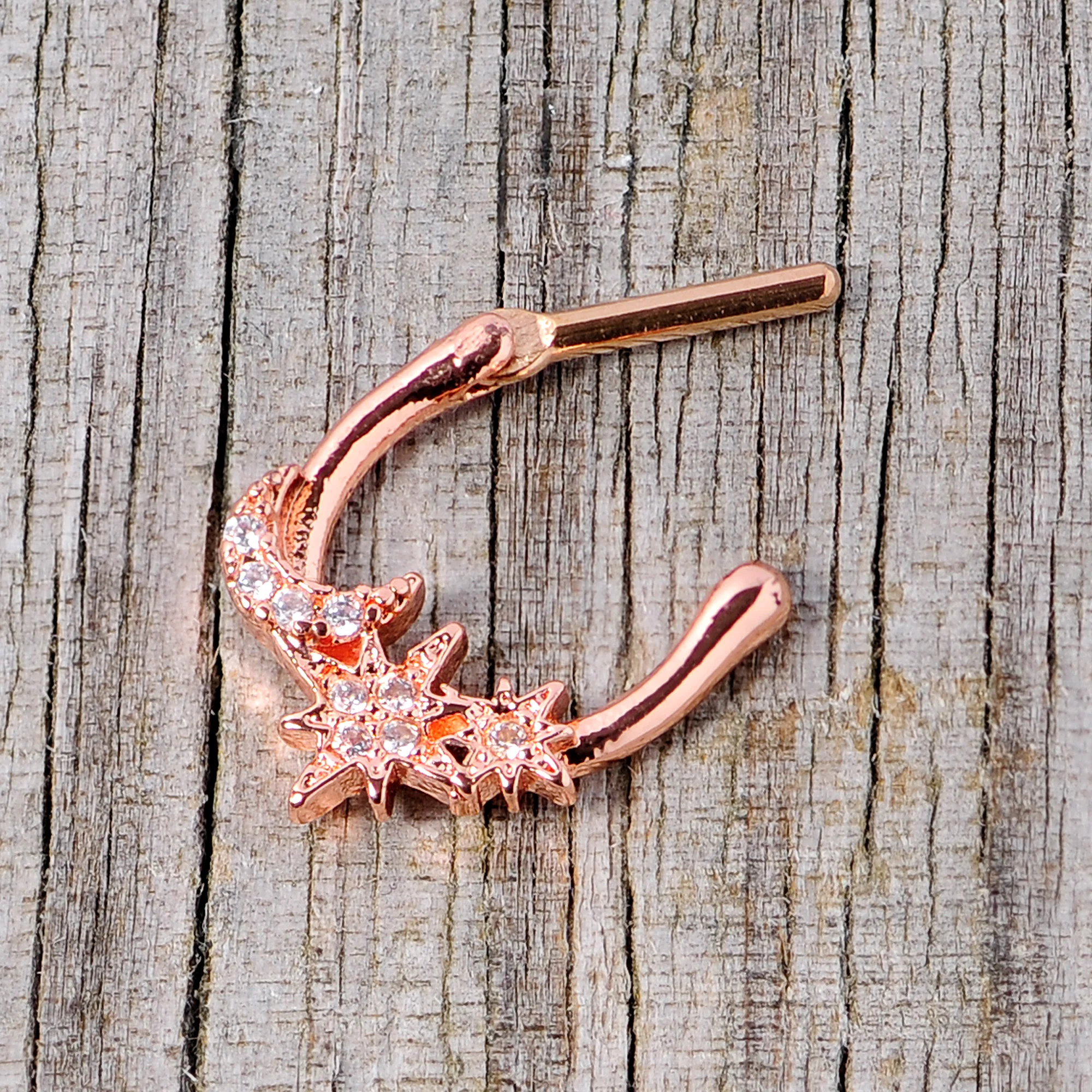 16G 1/4 Clear CZ Gem Rose Gold Tone Moon Stars Cartilage Clicker - Image 5