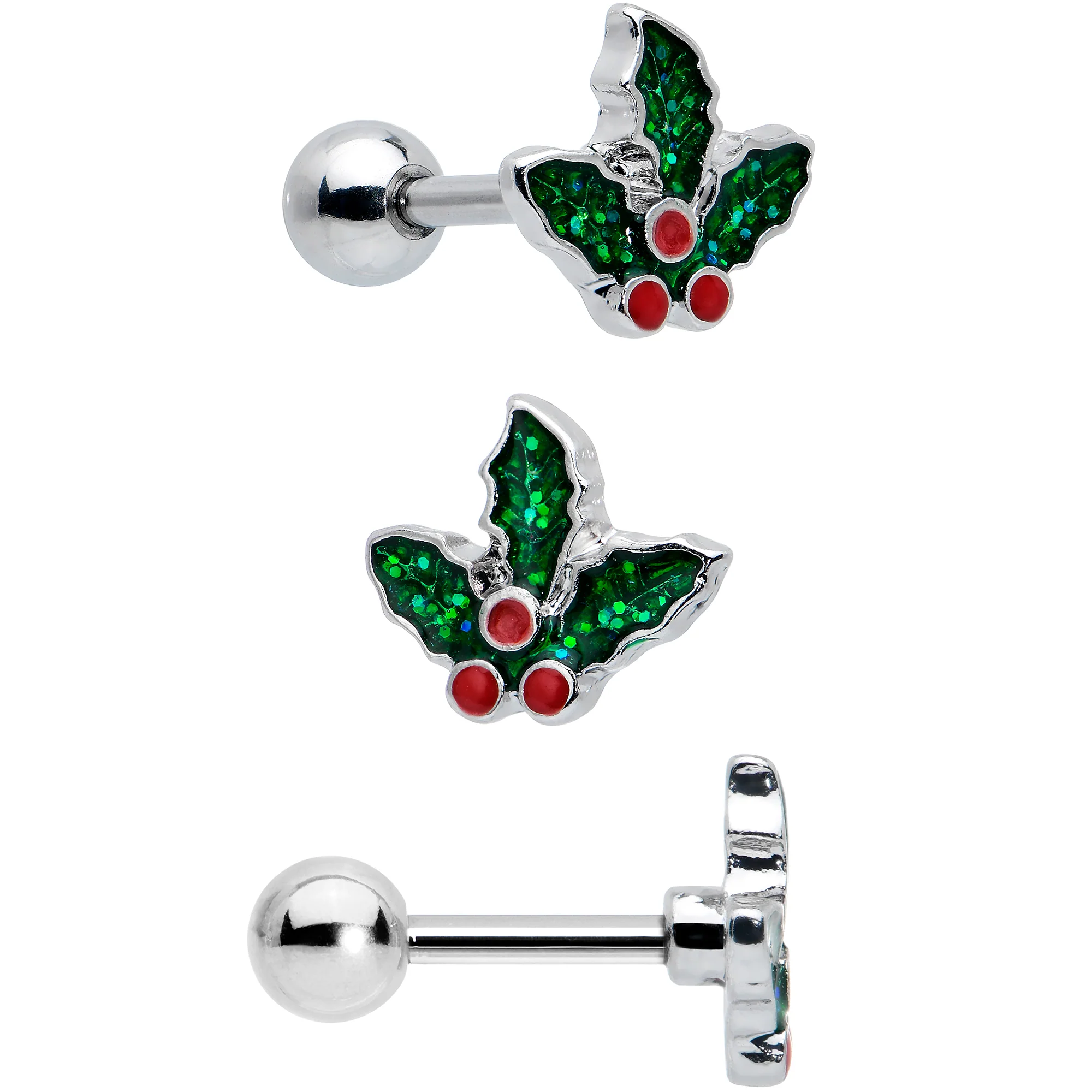 16G 1/4 Red Gem Santa Hat Holly Sprig Cartilage Earring Set of 3 - Image 3