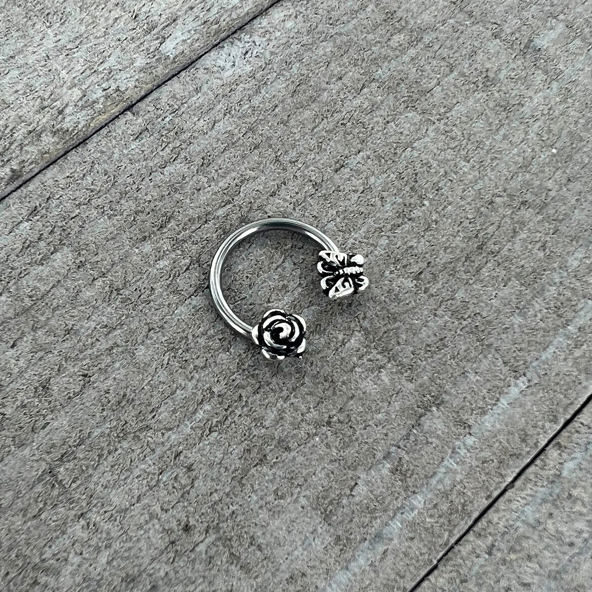 16G 3/8 Antiqued Butterfly Flower Horseshoe Circular Barbell - Image 4