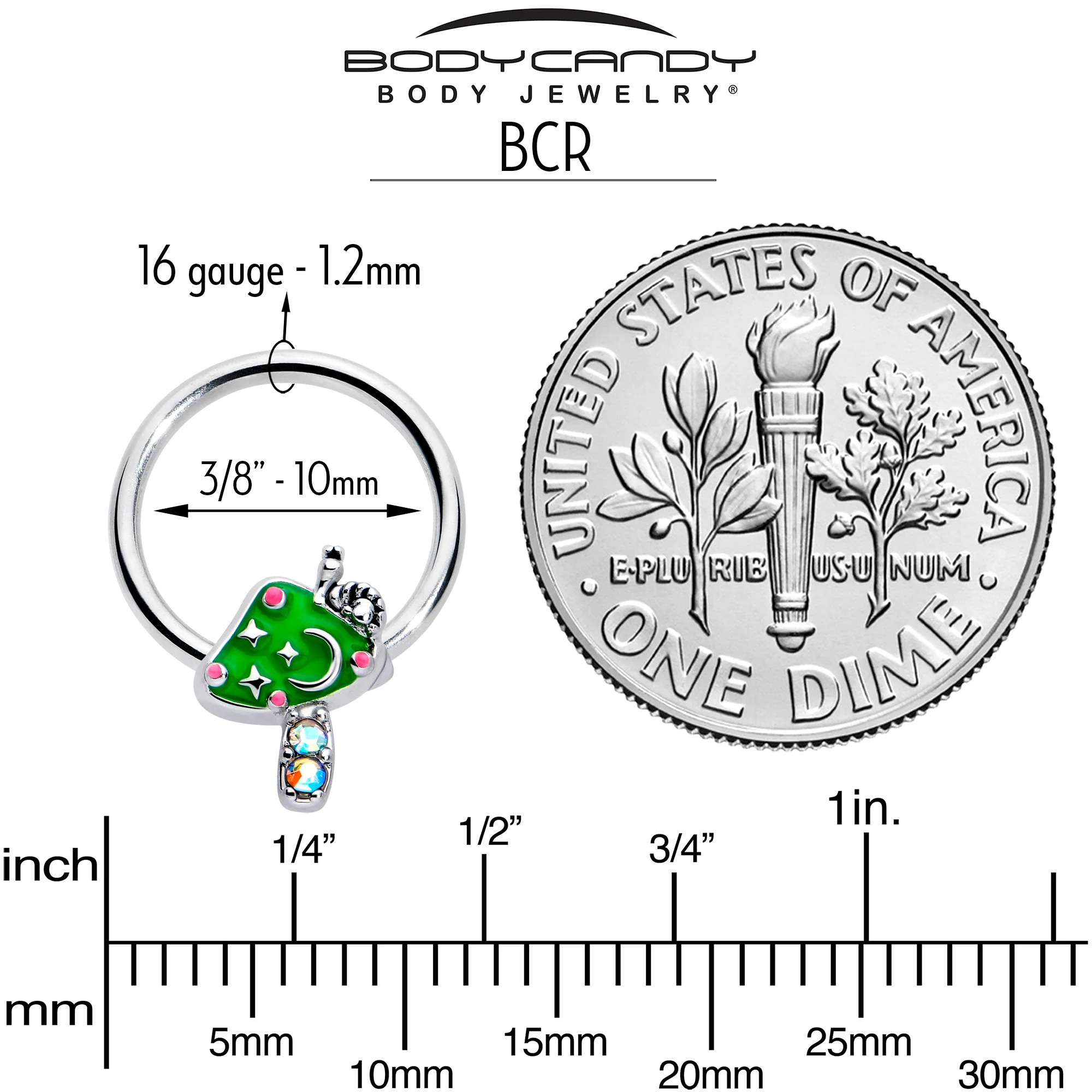 16G 3/8 Aurora Gem Fanciful Green Mushroom BCR Captive Ring - Image 4