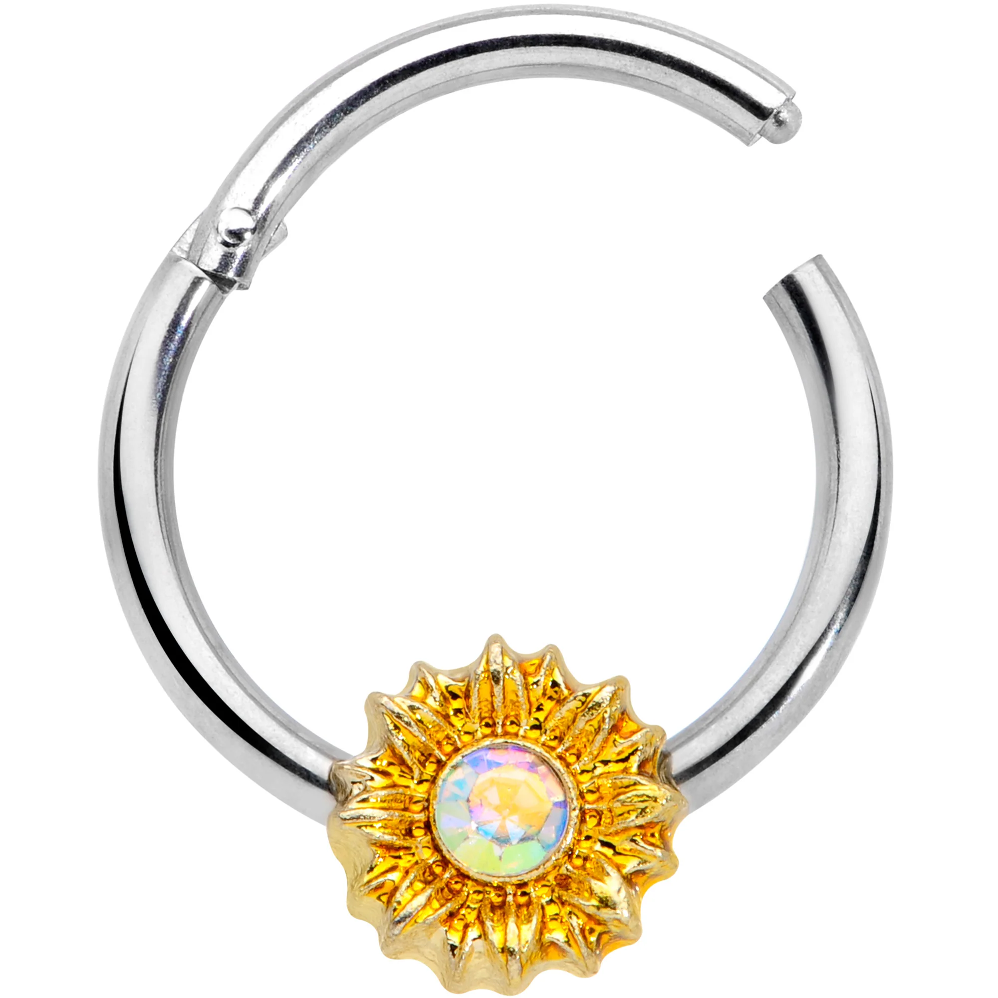 16G 3/8 Aurora Gem Sunflower Style Hinged Segment Ring - Image 2
