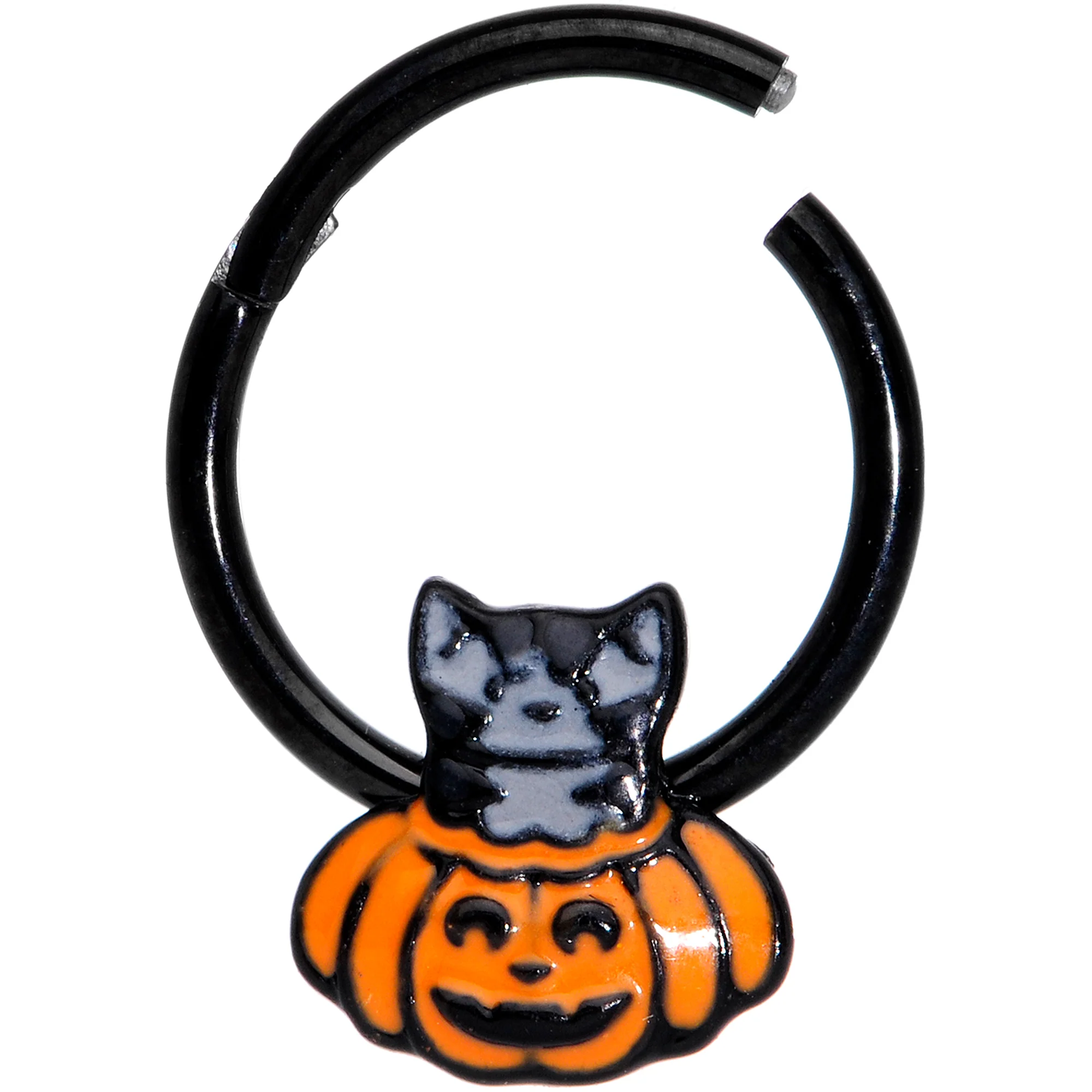 16G 3/8 Black Cat Surprise Pumpkin Halloween Hinged Segment Ring - Image 2