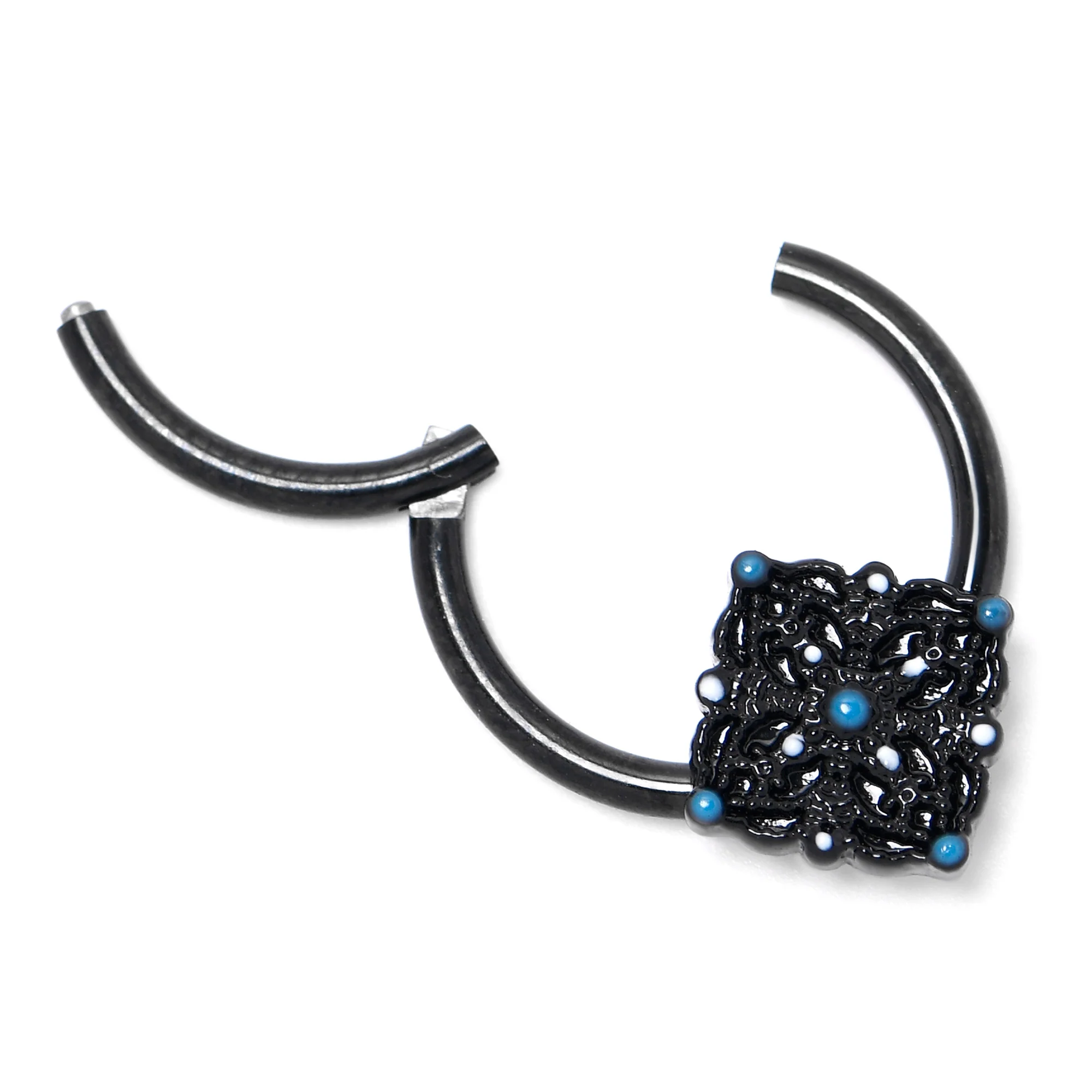 16G 3/8 Black Lacy Rhombus Blue Hinged Segment Ring - Image 5