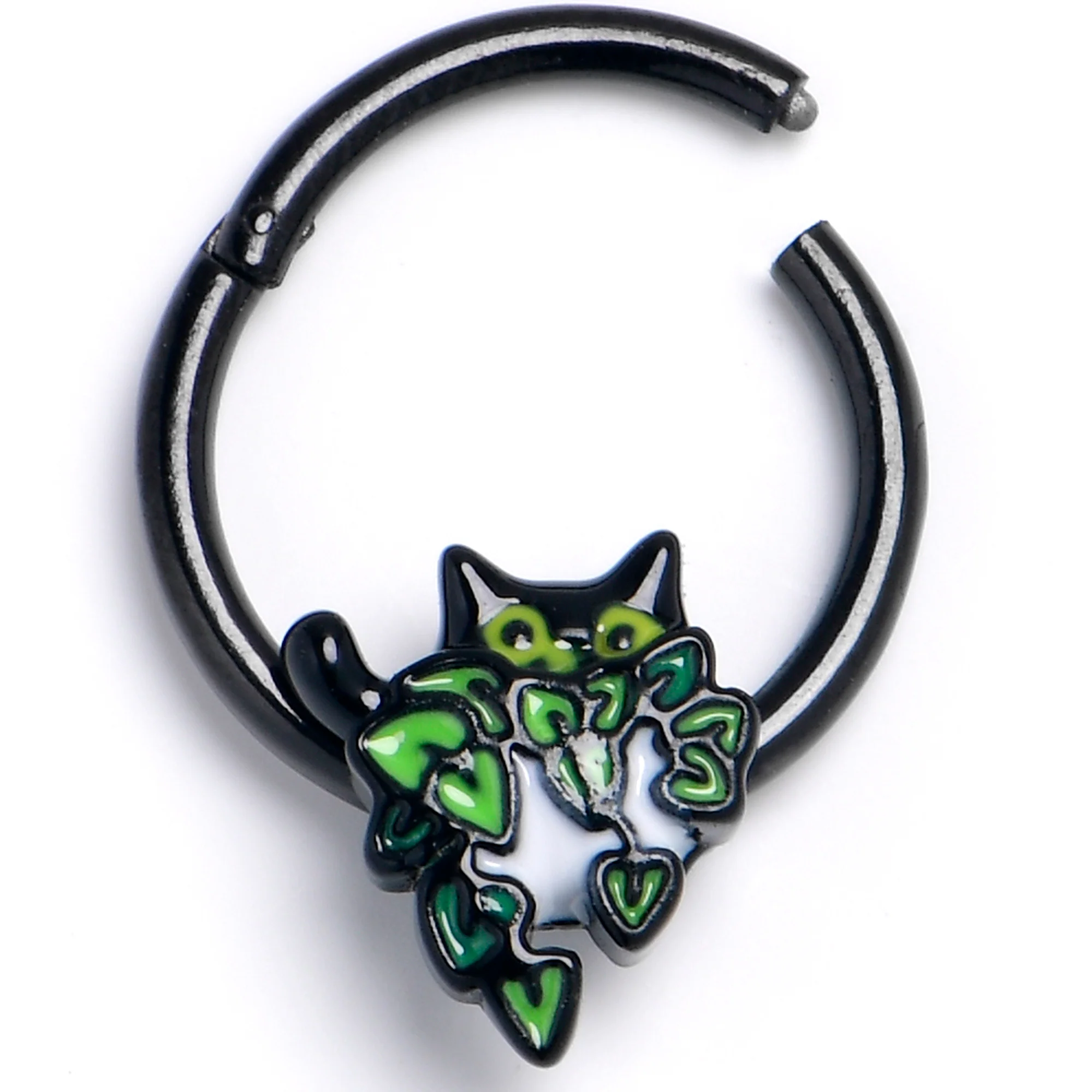 16G 3/8 Black Pouncing Cat Hinged Segment Ring
