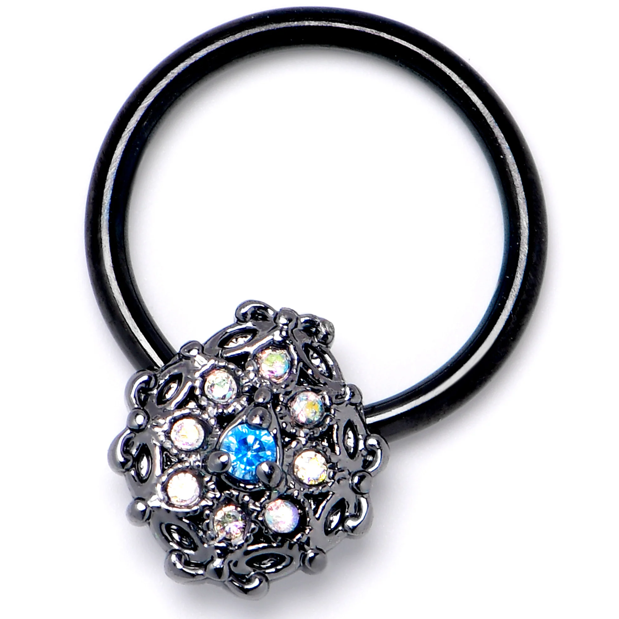 16G 3/8 Blue Aurora Gem Black Night Blossom BCR Captive Ring - Image 3