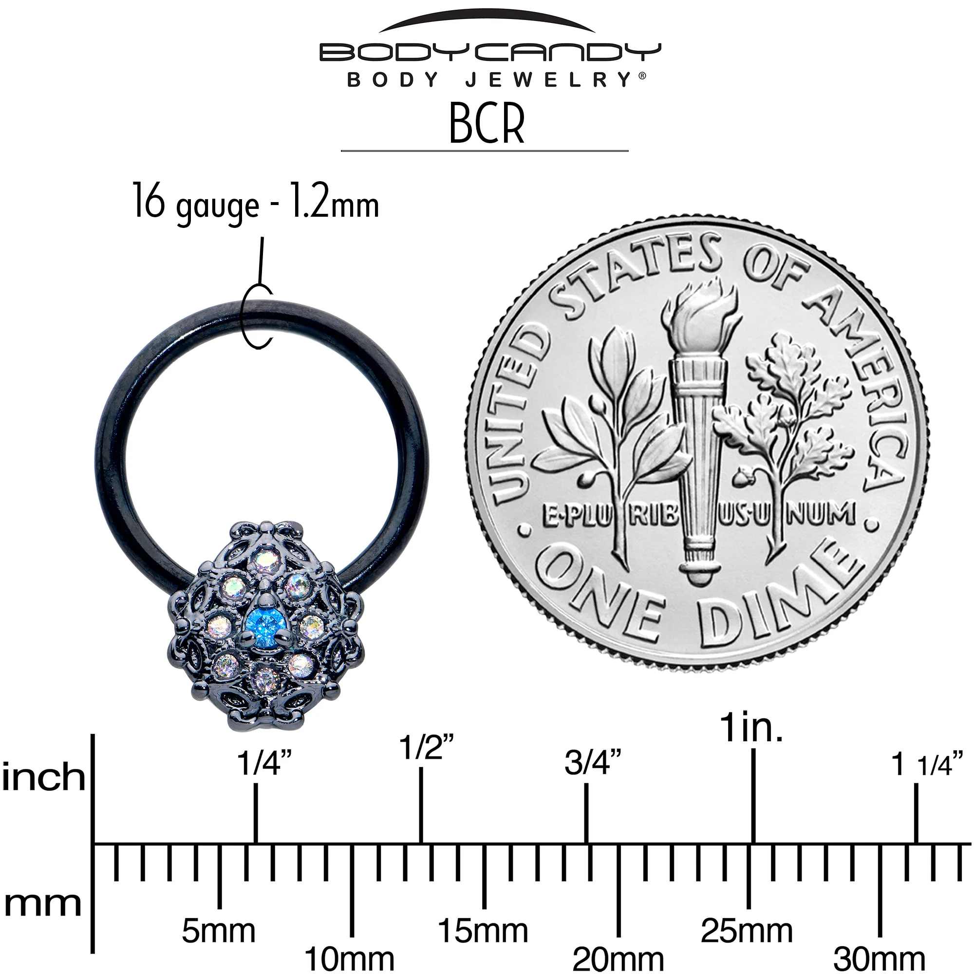 16G 3/8 Blue Aurora Gem Black Night Blossom BCR Captive Ring - Image 6