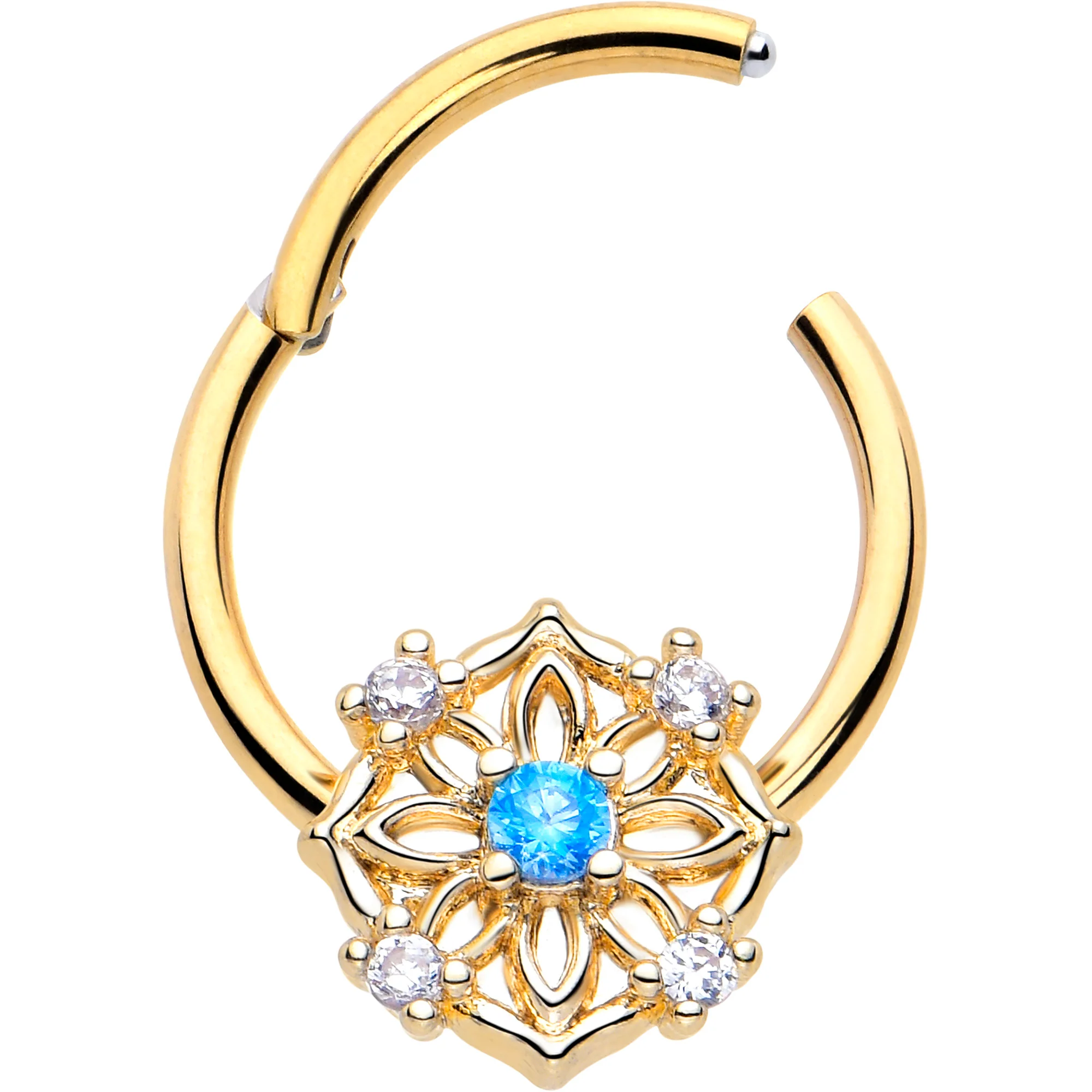 16G 3/8 Blue CZ Gem Gold Tone Flower Ring Hinged Segment Ring - Image 2