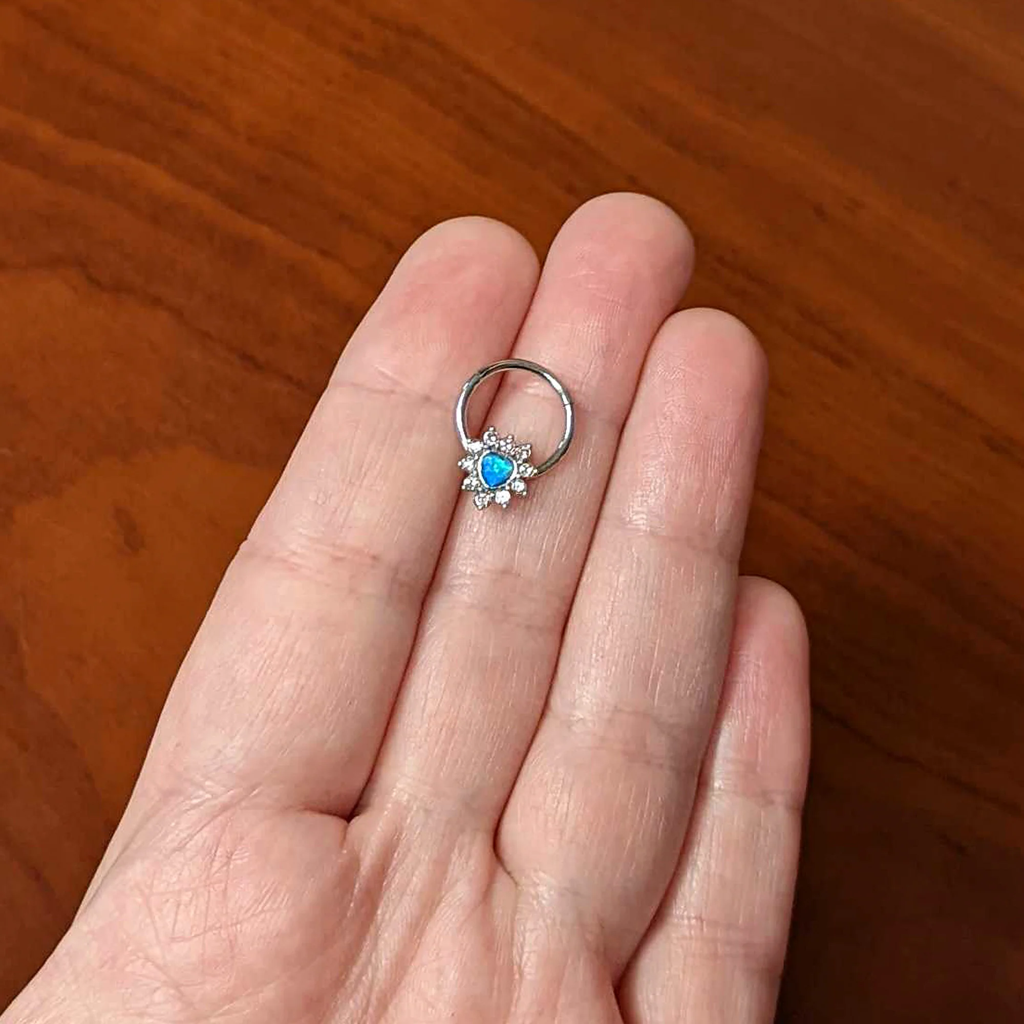 16G 3/8 Blue Faux Opal Heart Sun Hinged Segment Ring - Image 6