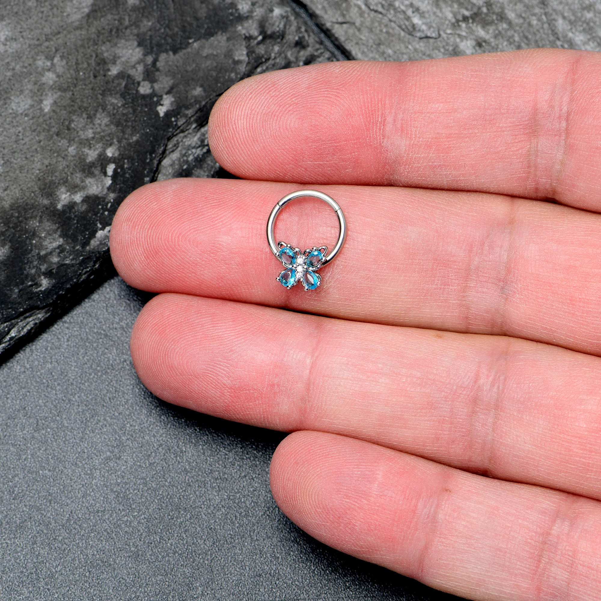16G 3/8 Blue Gem Baroque Beauty Butterfly Hinged Segment Ring - Image 3
