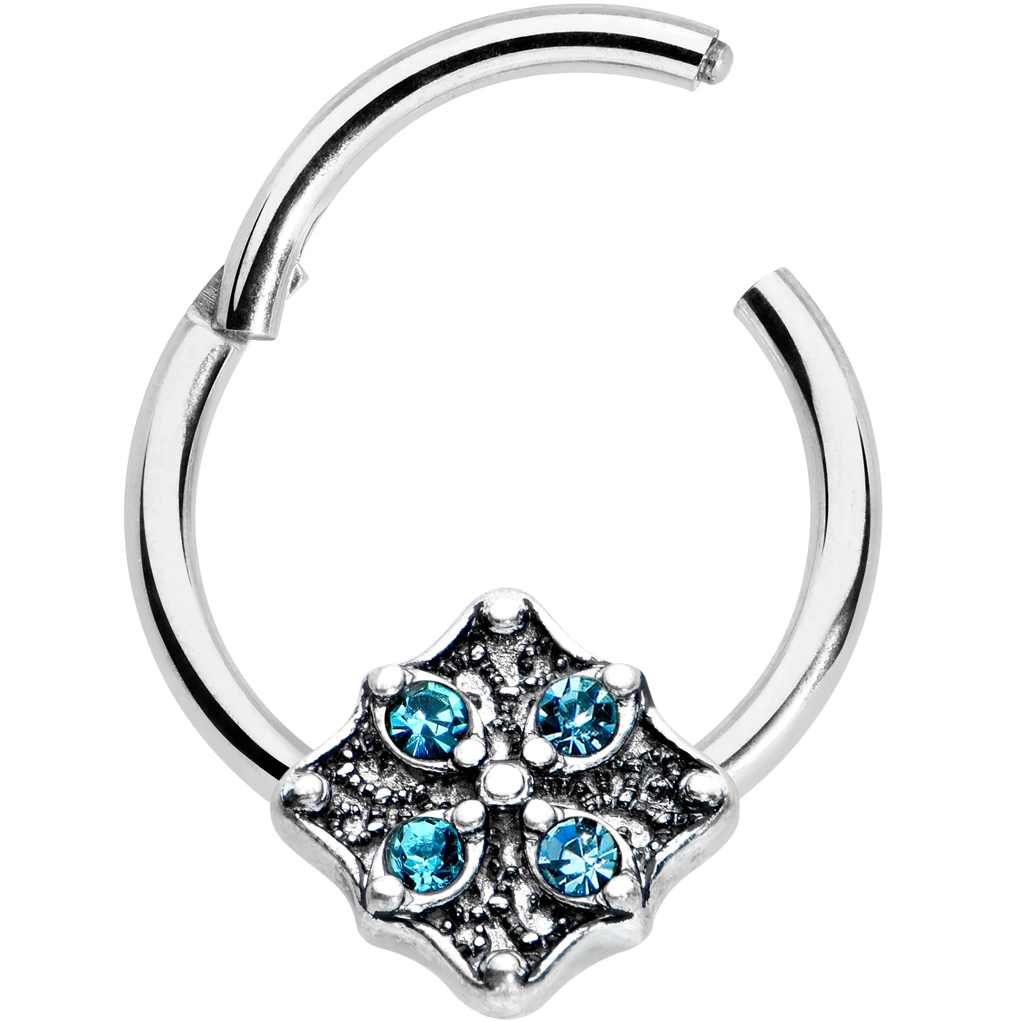 16G 3/8 Blue Gem Floral Rhombus Baroque Hinged Segment Ring - Image 2