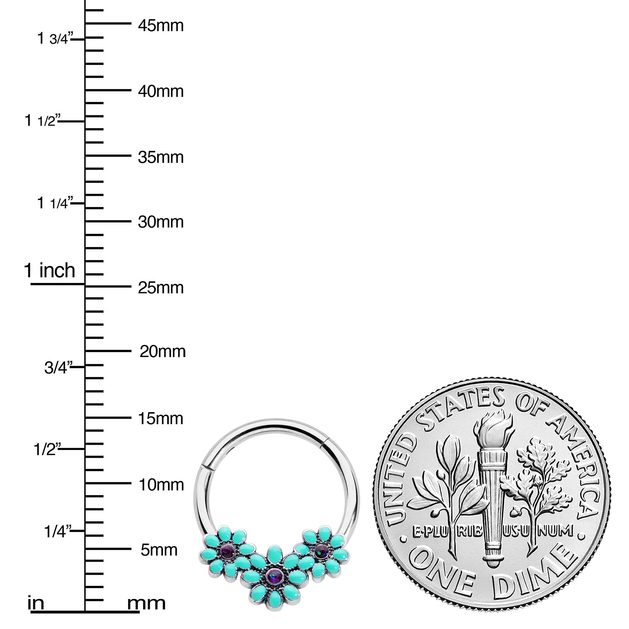 16G 3/8 Blue Gem Flower Trio Teal Petals Hinged Segment Ring - Image 3