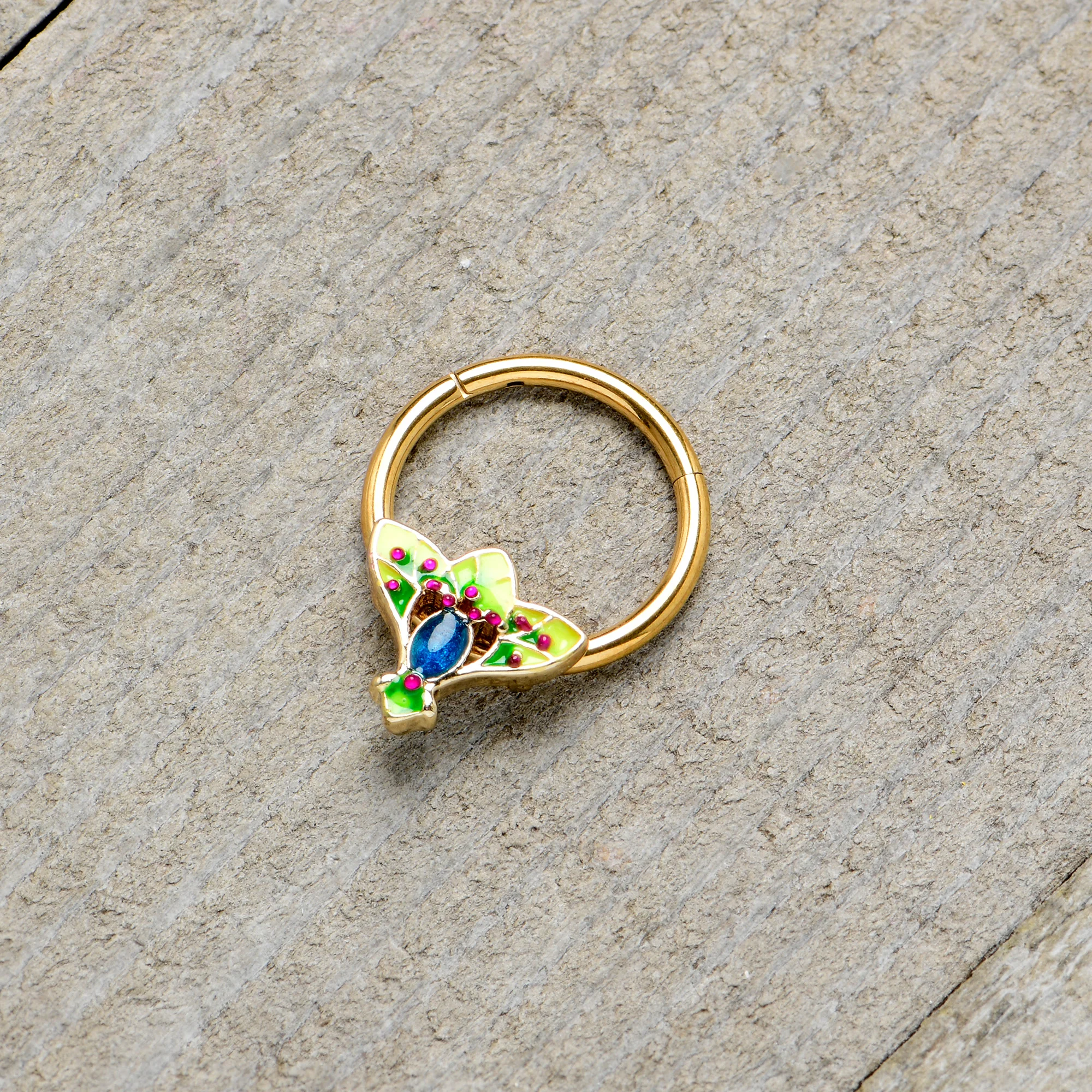 16G 3/8 Blue Gem Gold Tone Tropic Fan Hinged Segment Ring - Image 6