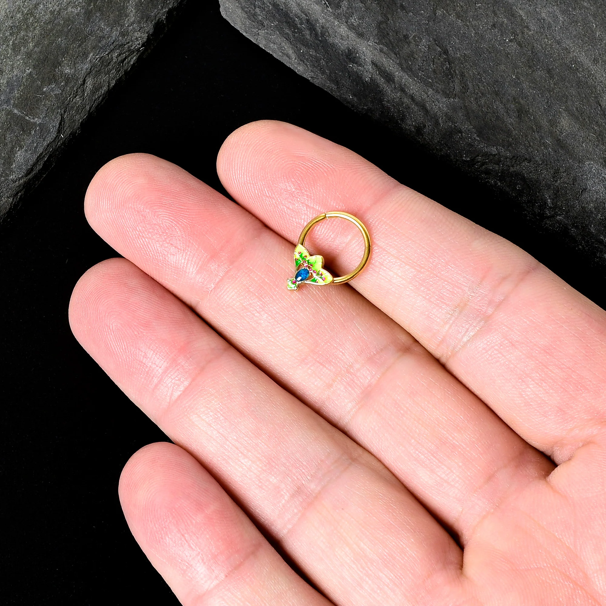 16G 3/8 Blue Gem Gold Tone Tropic Fan Hinged Segment Ring - Image 8