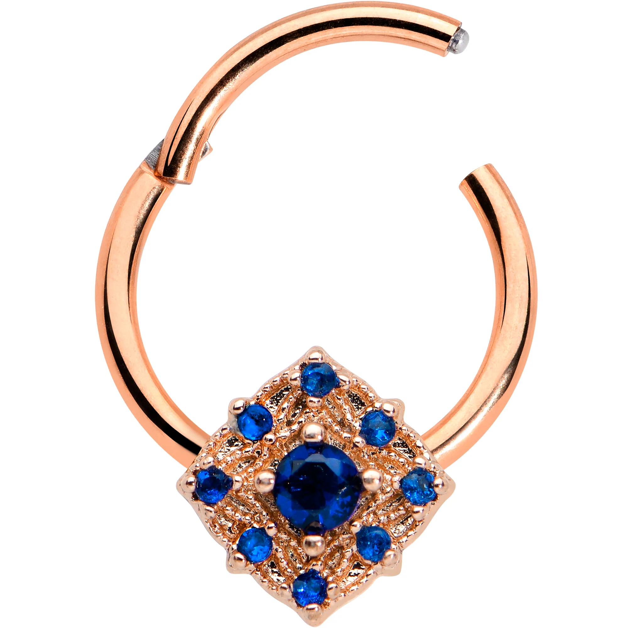 16G 3/8 Blue Gem Rose Gold Tone Night Star Hinged Segment Ring - Image 2
