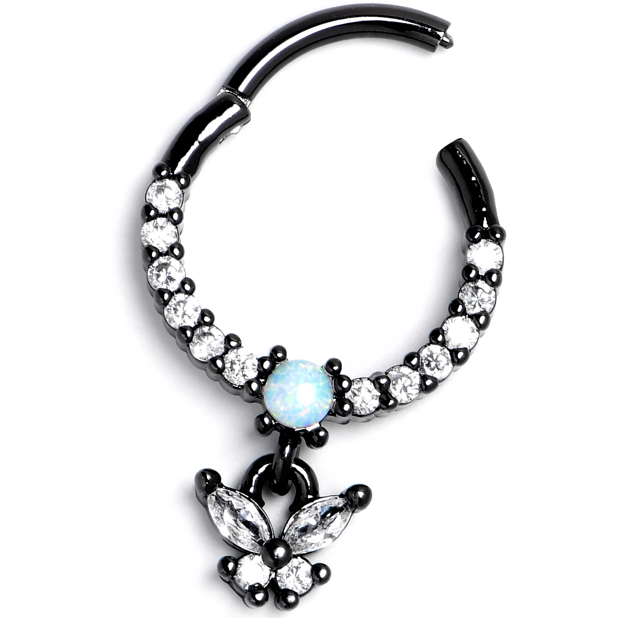 16G 3/8 Blue Synthetic Opal Black Butterfly Hinged Segment Ring - Image 5