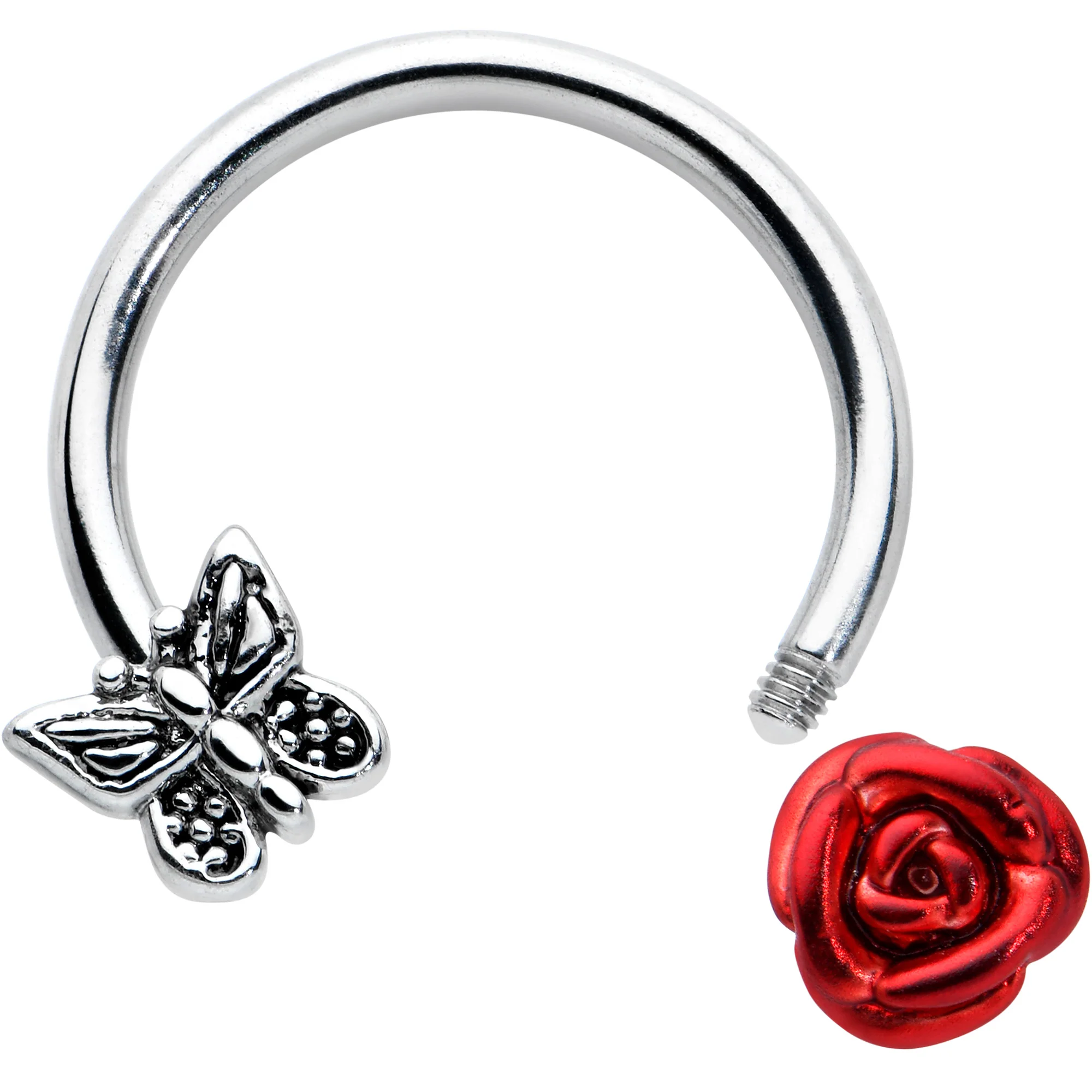 16G 3/8 Butterfly Red Rose Flower Horseshoe Circular Barbell - Image 2