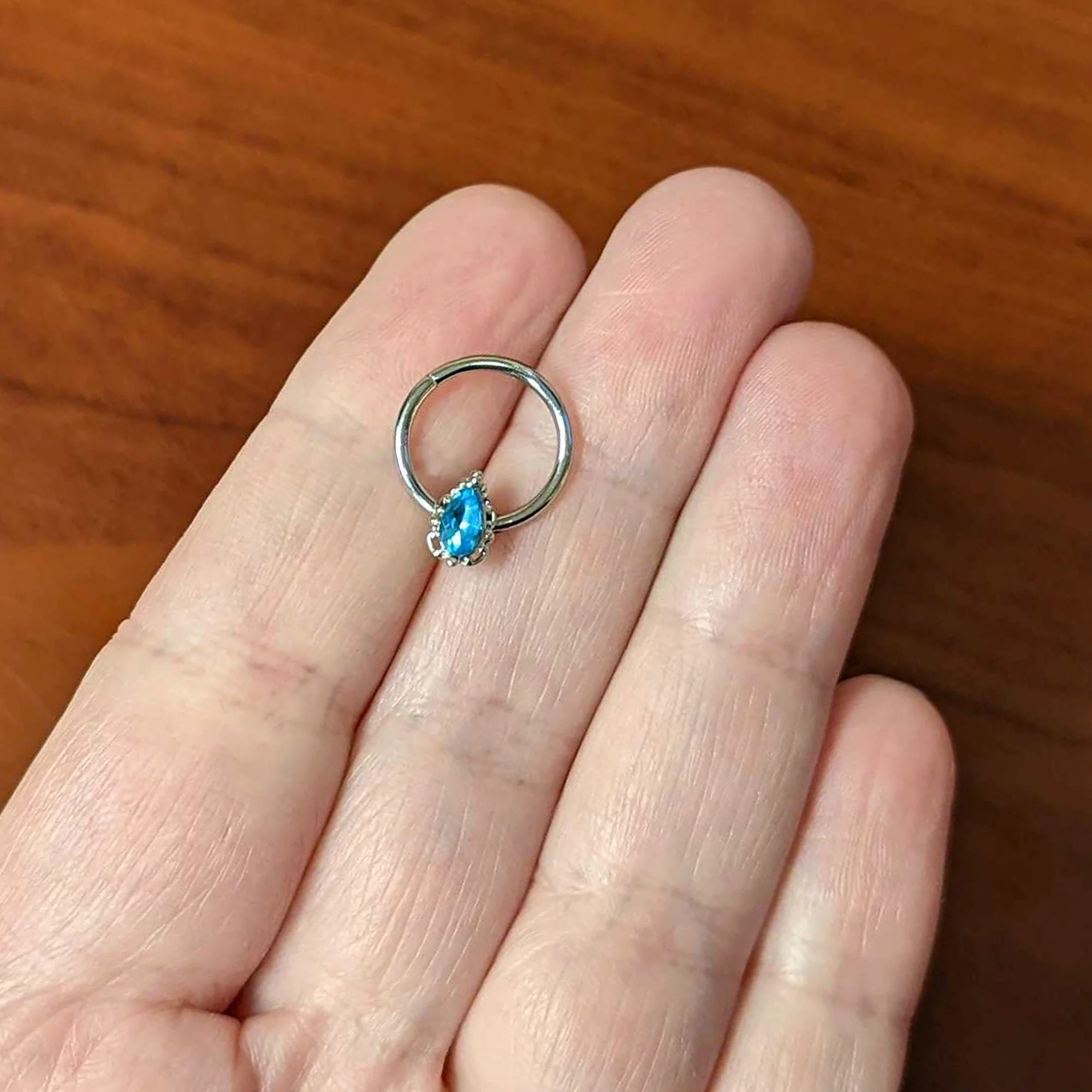 16G 3/8 Clear Blue Gem Oval Art Deco Hinged Segment Ring - Image 4