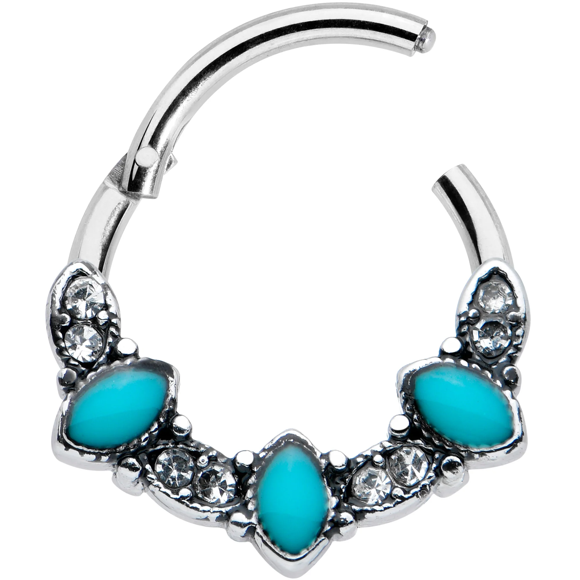 16G 3/8 Clear Blue Gem Southwestern Ovals Hinged Segment Ring - Image 2