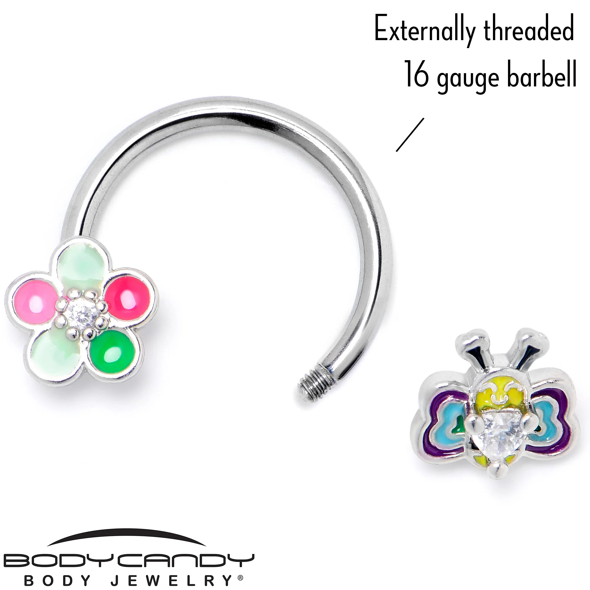 16G 3/8 Clear CZ Gem Butterfly Love Bug Horseshoe Circular Barbell - Image 5