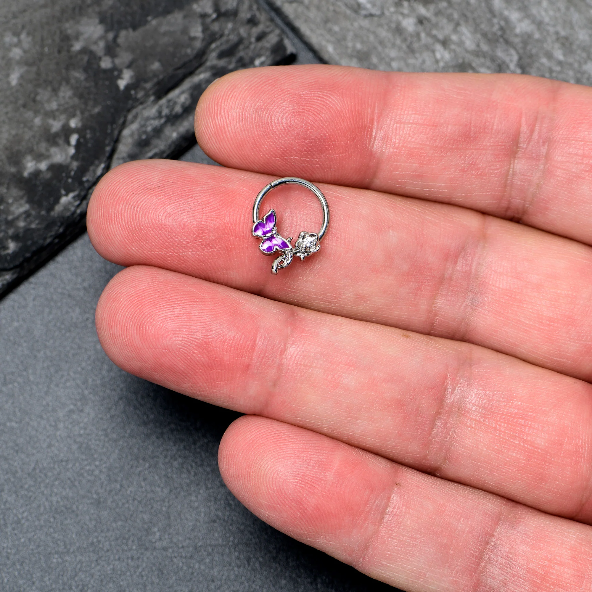 16G 3/8 Clear CZ Gem Butterfly Rose Purple Hinged Segment Ring - Image 3