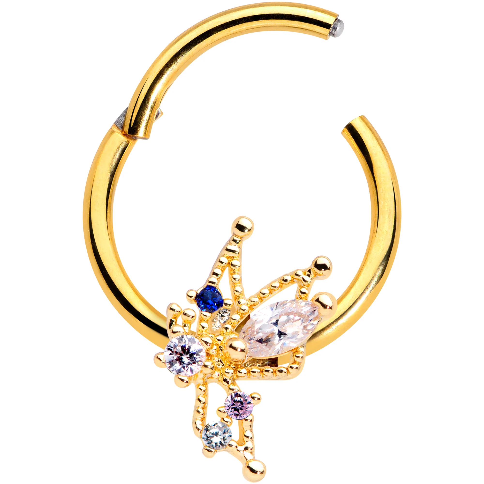 16G 3/8 Clear CZ Gem Gold Hue Angel Christmas Hinged Segment Ring - Image 2