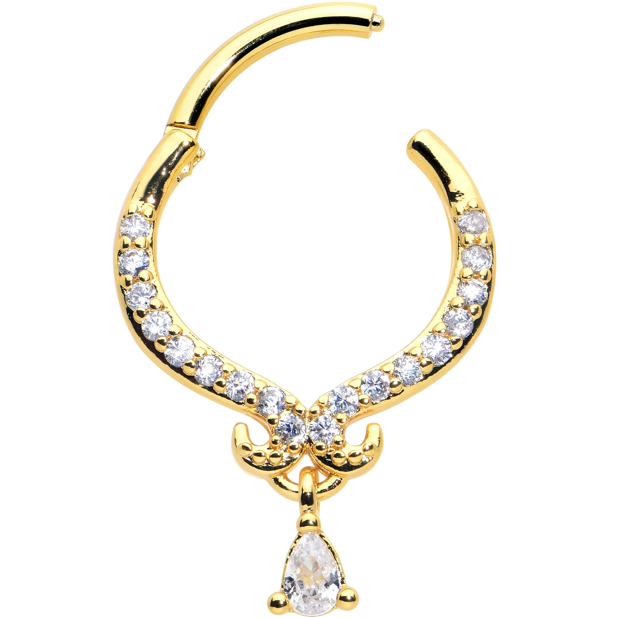 16G 3/8 Clear CZ Gem Gold Hue Elegant Curves Dangle Hinged Segment Ring - Image 2