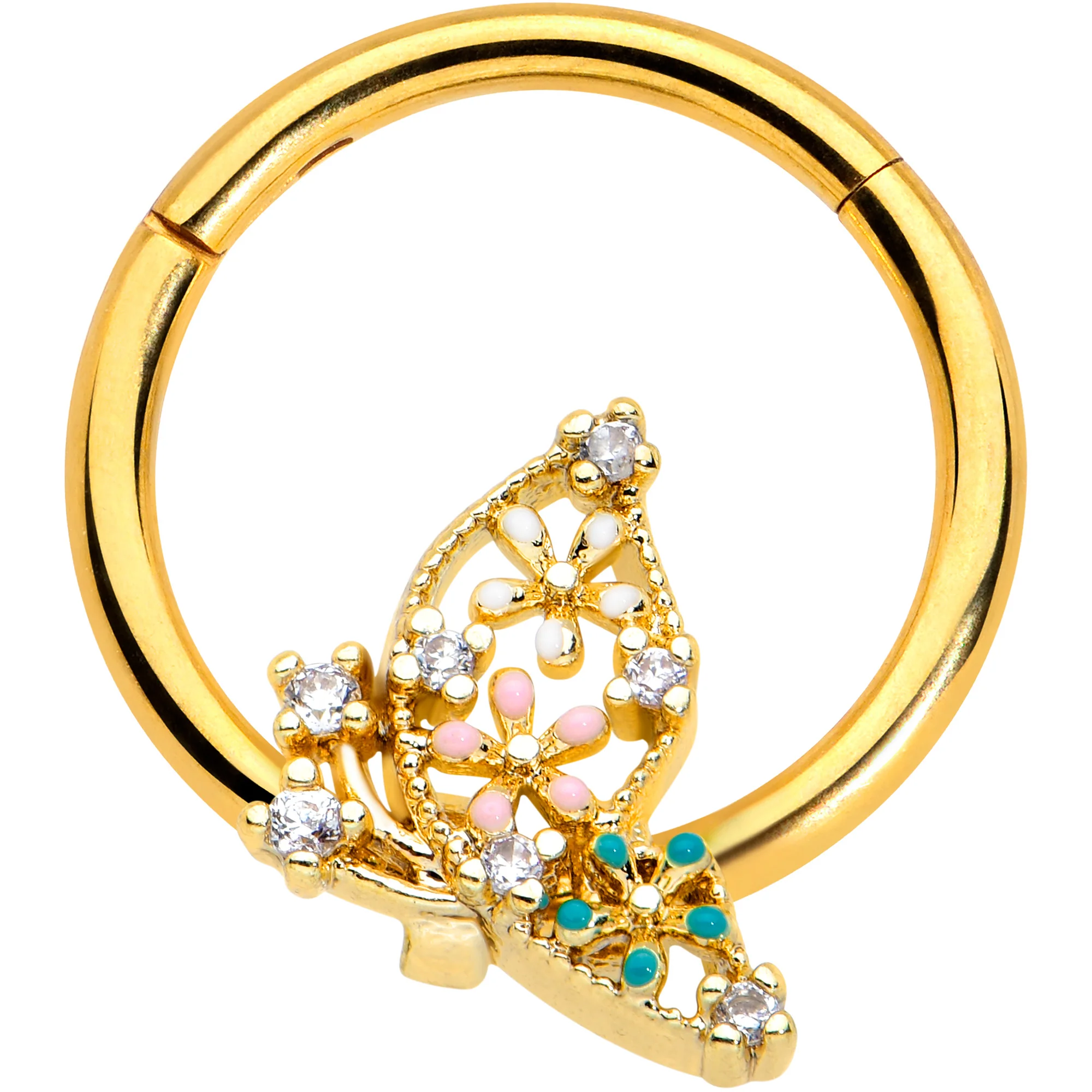 16G 3/8 Clear CZ Gem Gold Tone Abstract Hinged Segment Ring