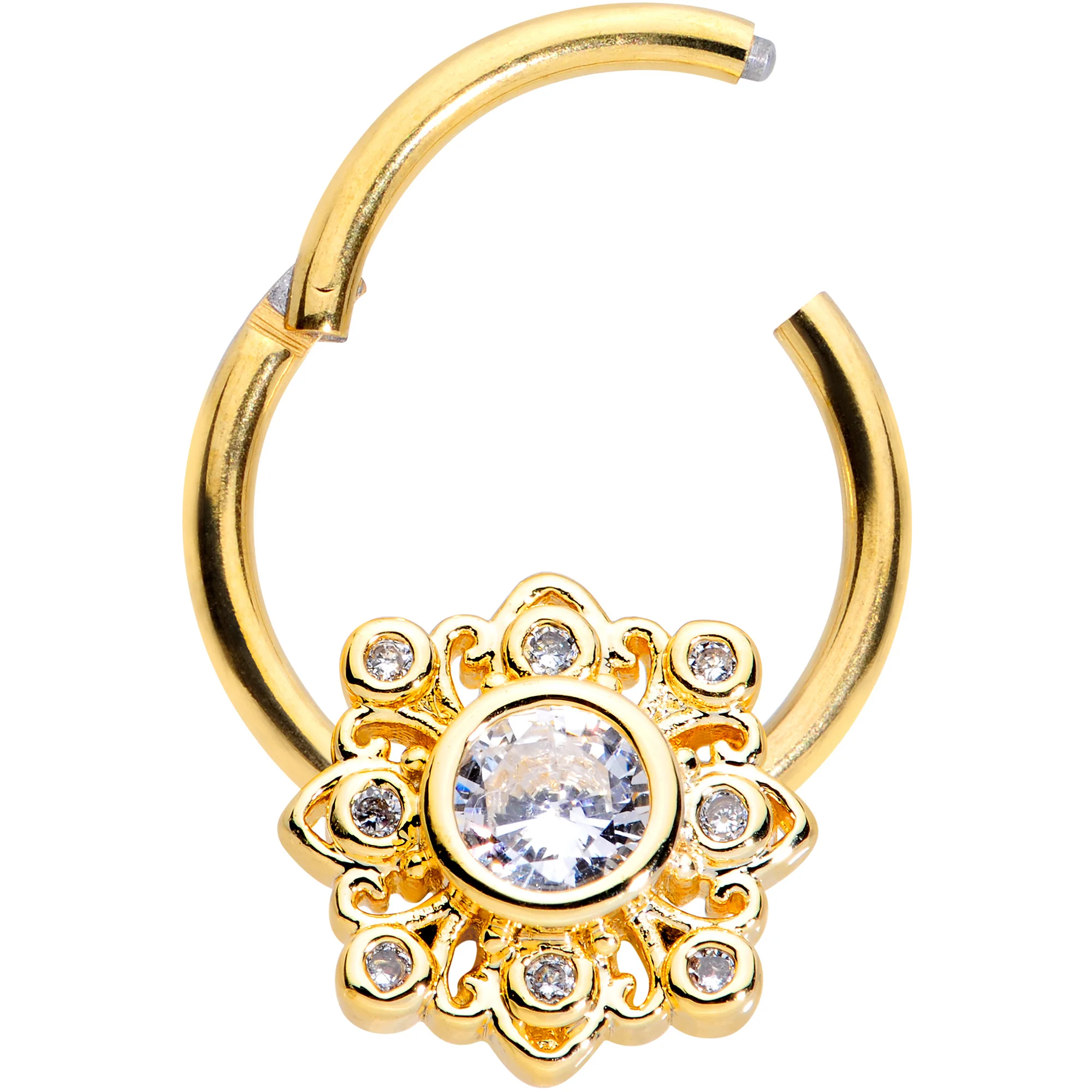 16G 3/8 Clear CZ Gem Gold Tone Regal Seal Hinged Segment Ring - Image 2