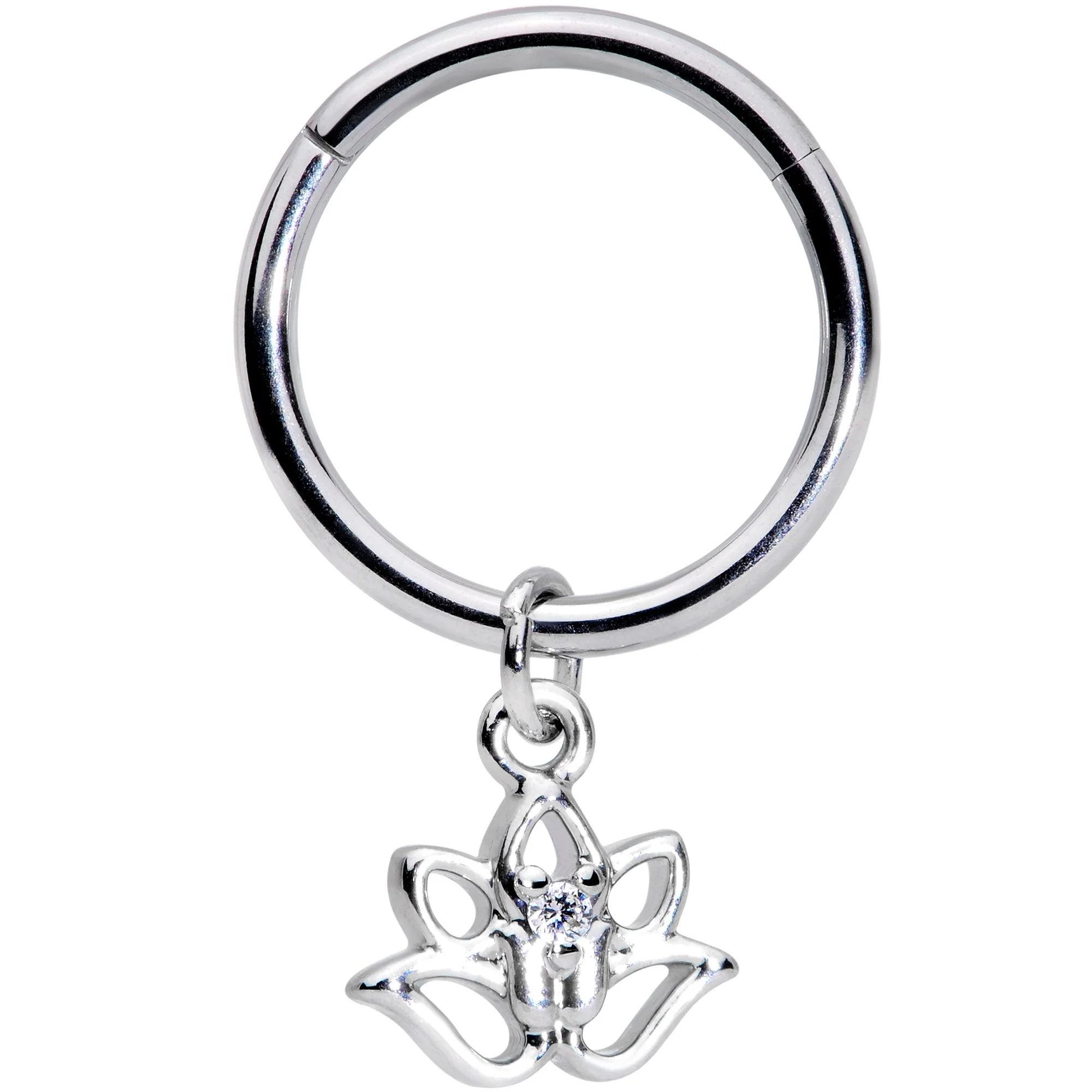 16G 3/8 Clear CZ Gem Lotus Flower Dangle Hinged Segment Ring